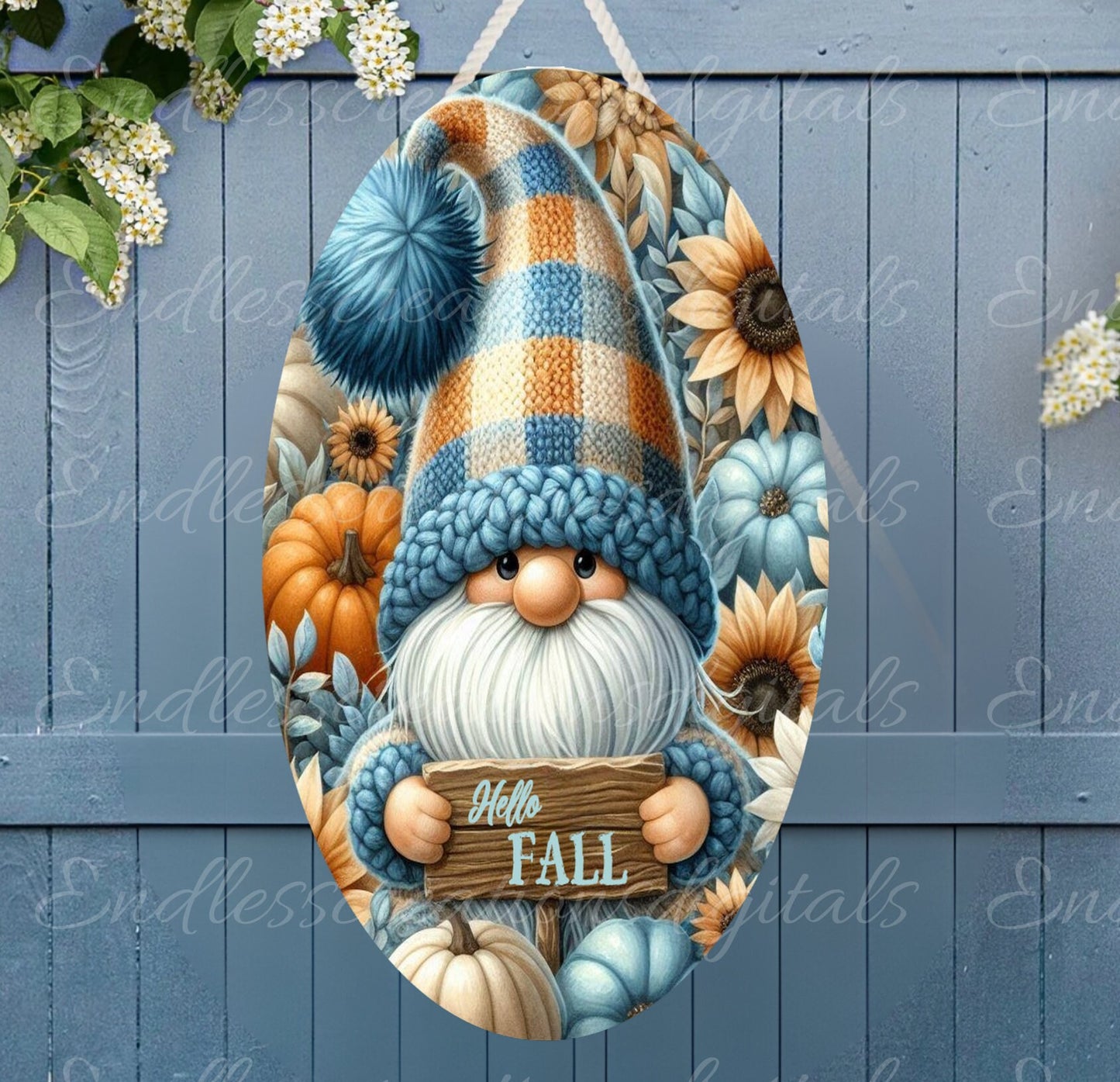 FALL GNOME 7X12 OVAL oval hanger, wreath sign, for sublimation high resolution 2 files, 1 add your own text