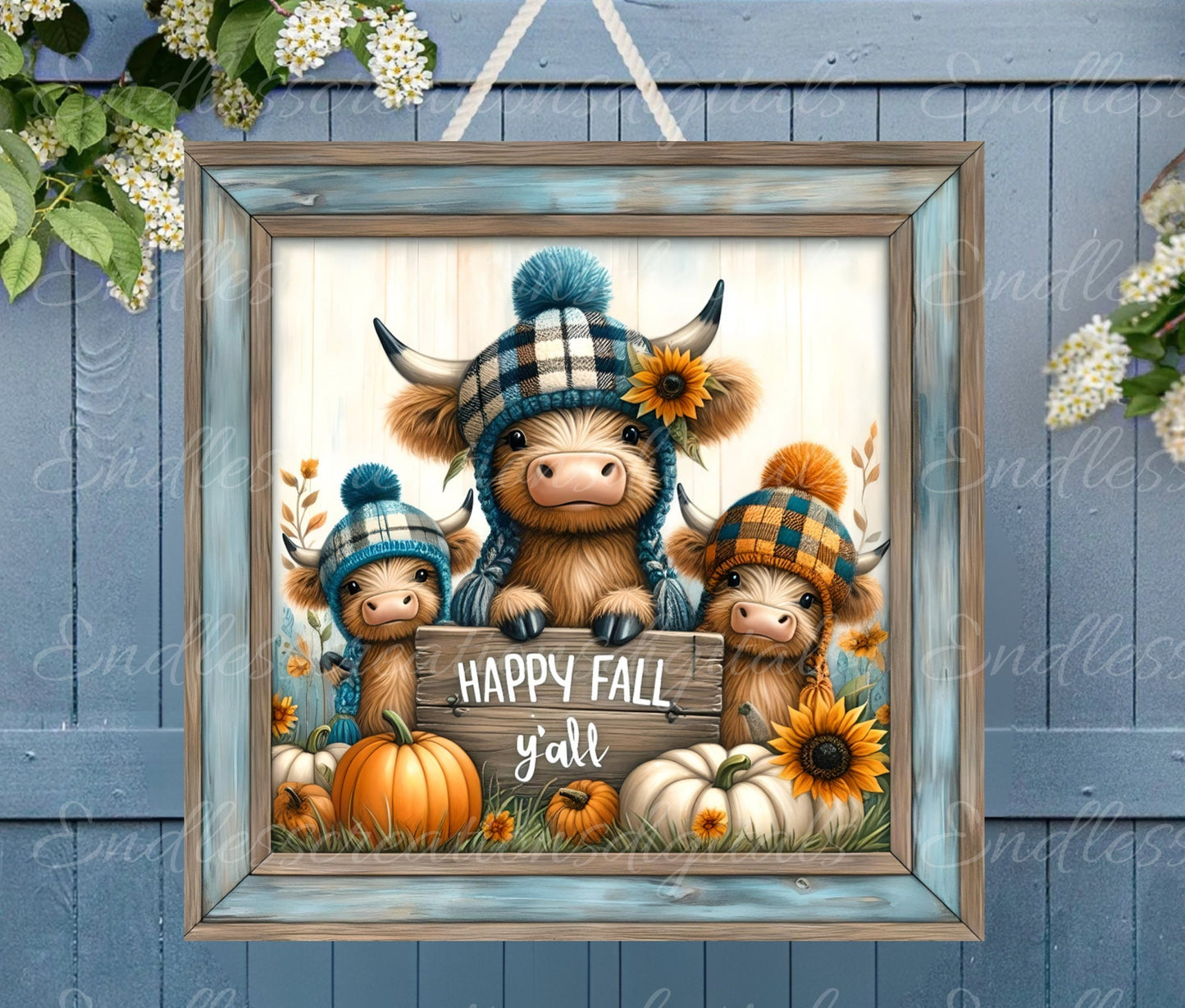 HIGHLAND COW FALL square Door hanger, wreath sign, square cutting board, for sublimation high resolution 2 files, 1 add your own text