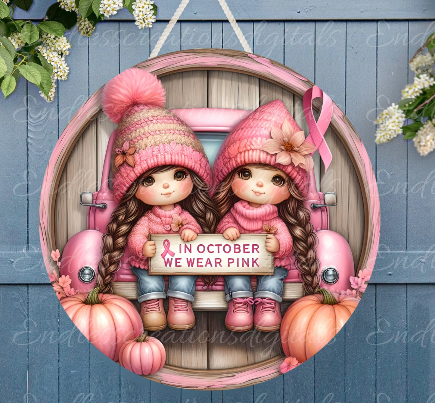 OCTOBER PINK GIRLS Door hanger, wreath sign, for sublimation high resolution 2 files, 1 add your own text