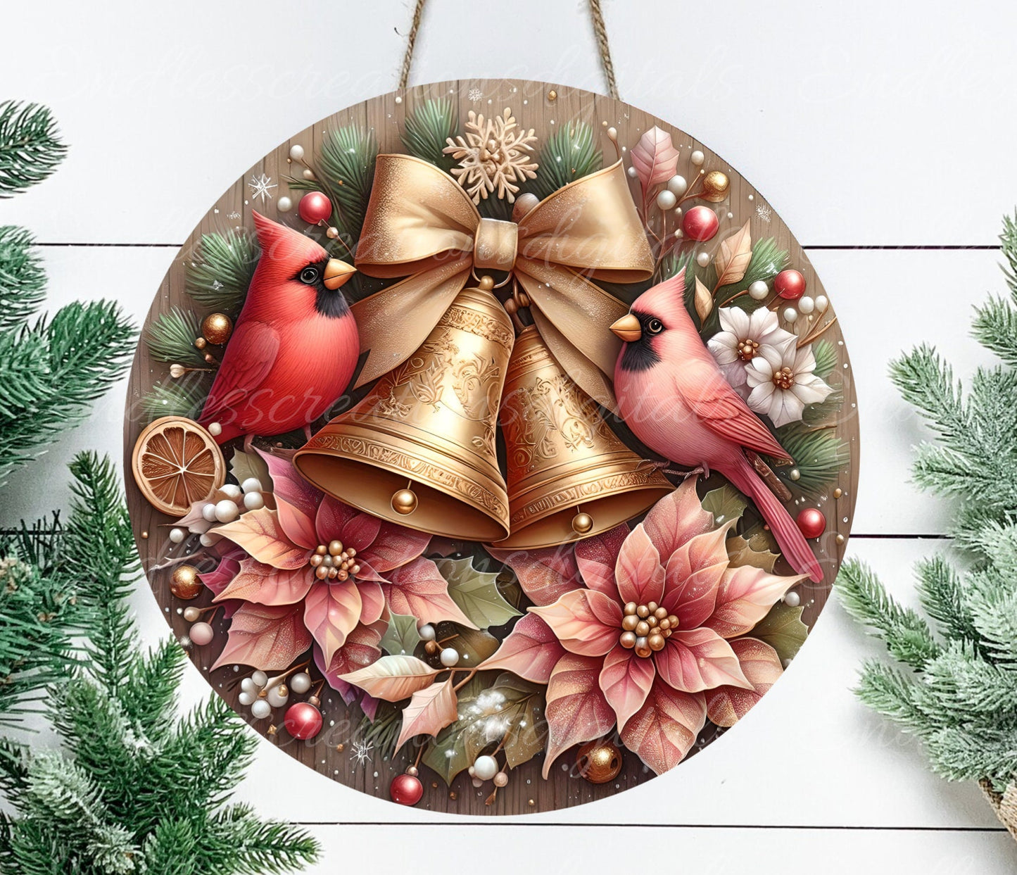CARDINALS BELLS WINTER round door hanger, wreath sign, round cutting board, coasters etc, for sublimation high resolution, can be resized