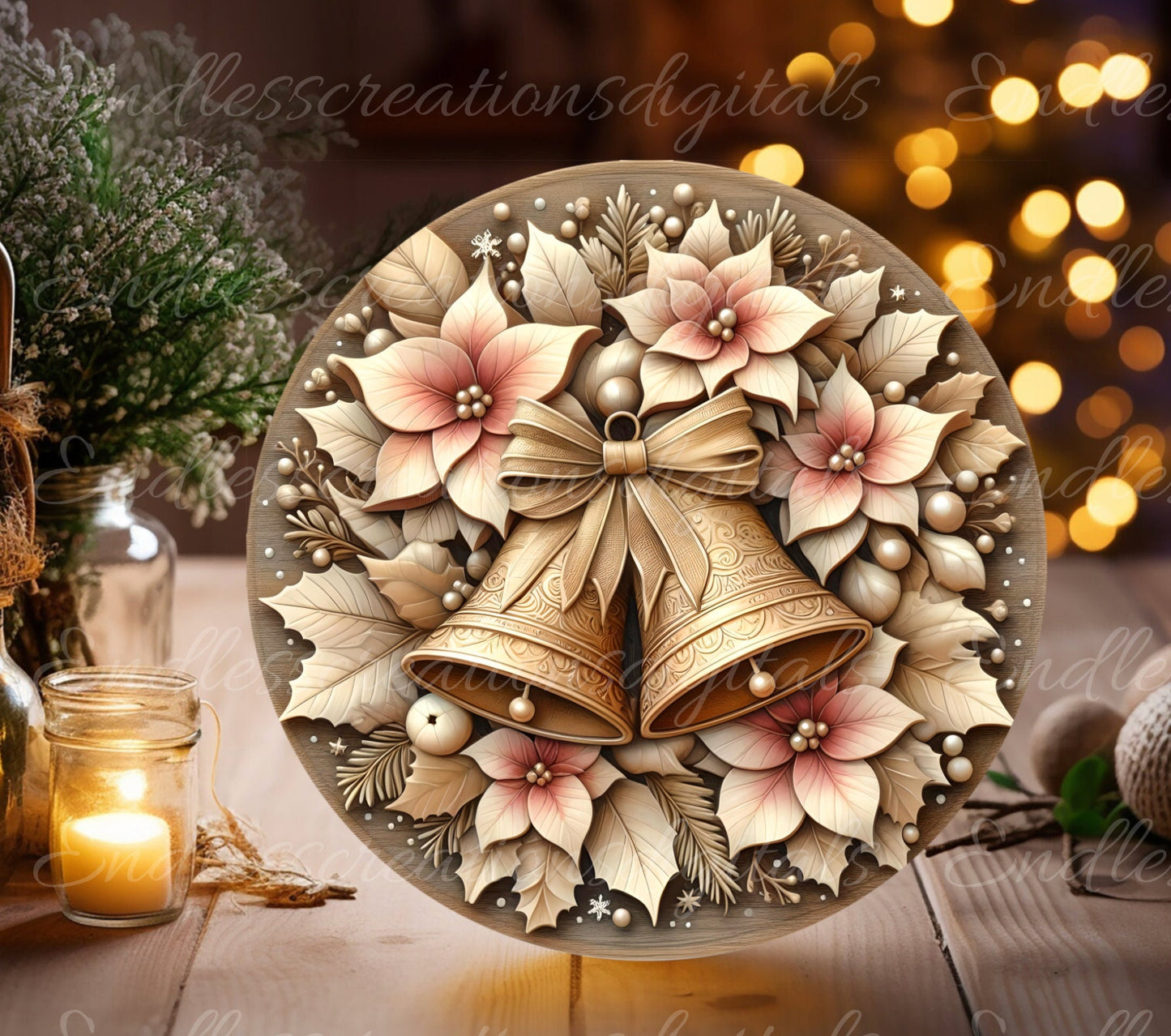 PINK GOLD WINTER bells door hanger, wreath sign, round cutting board, tree ornament png, sublimation high resolution, can be resized