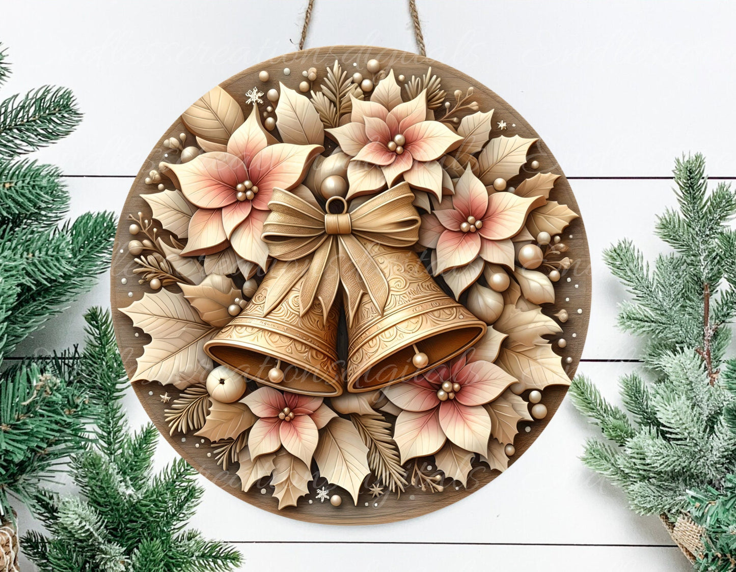 PINK GOLD WINTER bells door hanger, wreath sign, round cutting board, tree ornament png, sublimation high resolution, can be resized