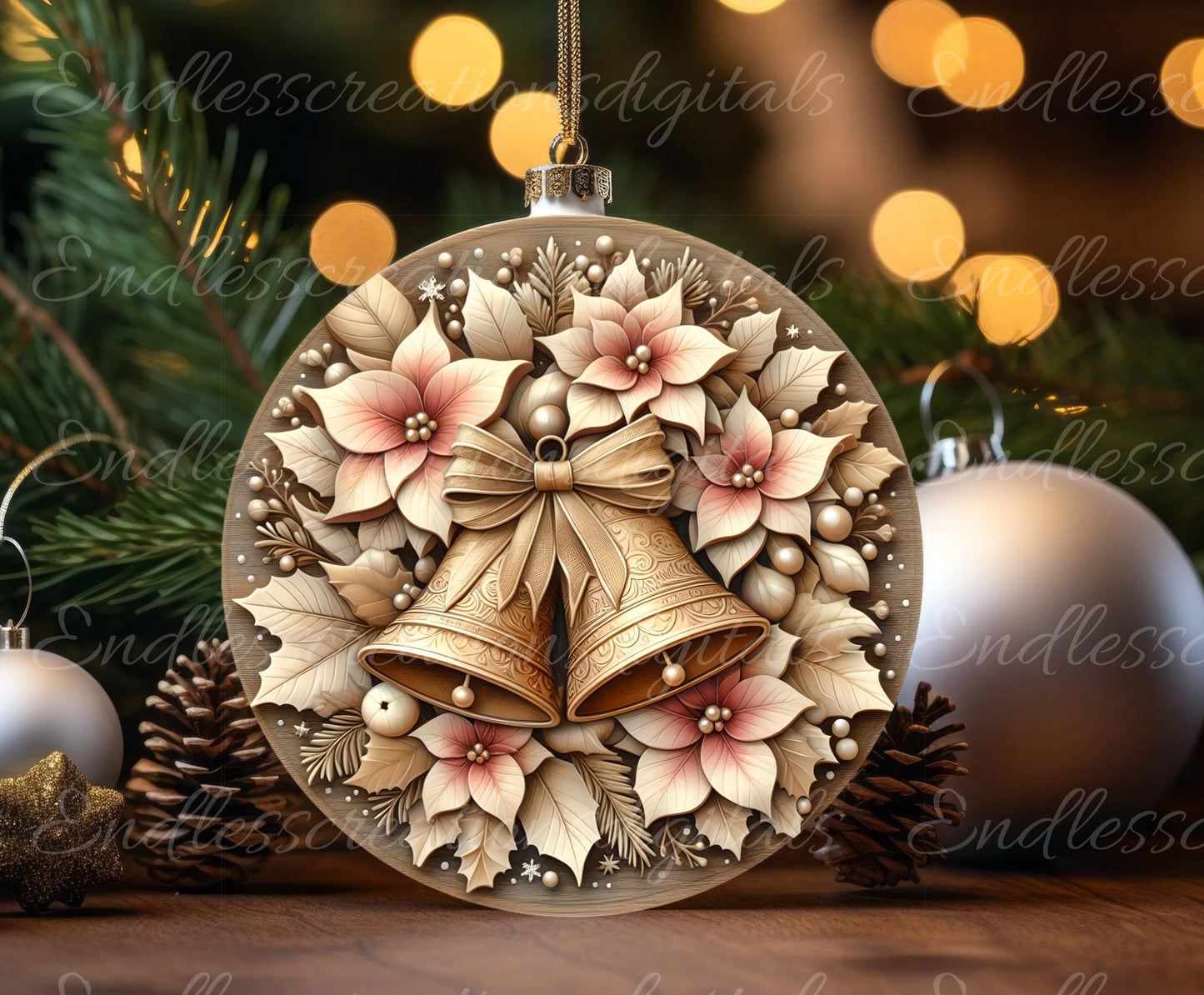 PINK GOLD WINTER bells door hanger, wreath sign, round cutting board, tree ornament png, sublimation high resolution, can be resized