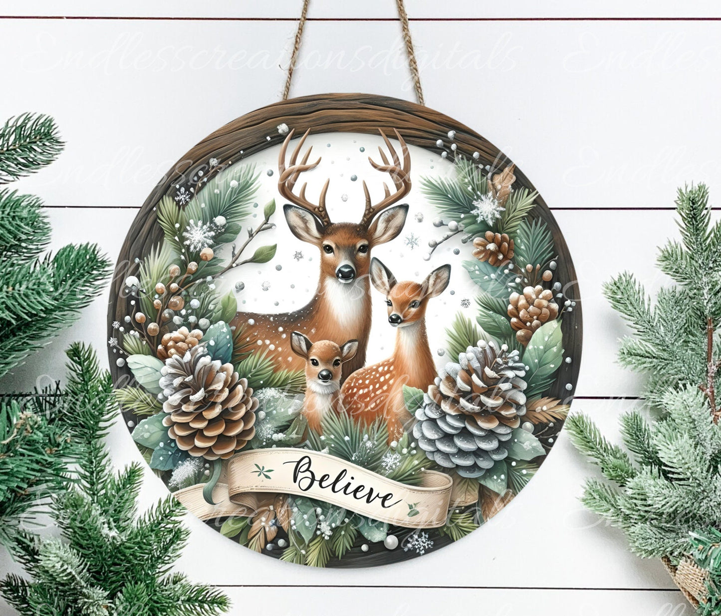 ROUND WINTER DEER door hanger, wreath sign, round cutting board, ornament etc. png, for sublimation high resolution, 2 files, 1 add text