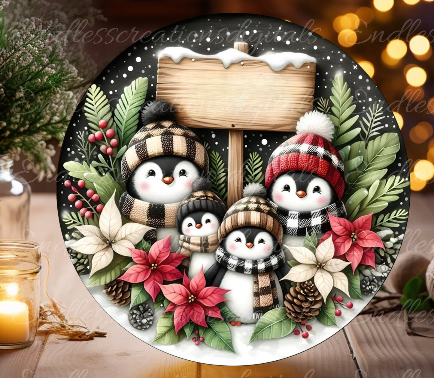 WINTER PENGUINS ROUND door hanger, wreath sign, round cutting board, coaster png, for sublimation high resolution, 2 files, 1 blank