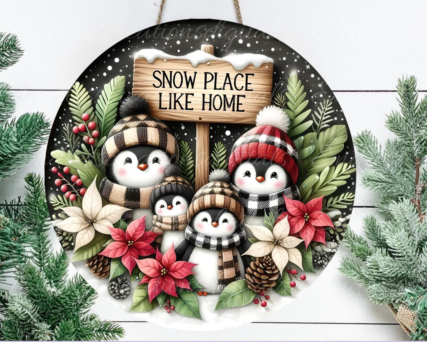 WINTER PENGUINS ROUND door hanger, wreath sign, round cutting board, coaster png, for sublimation high resolution, 2 files, 1 blank