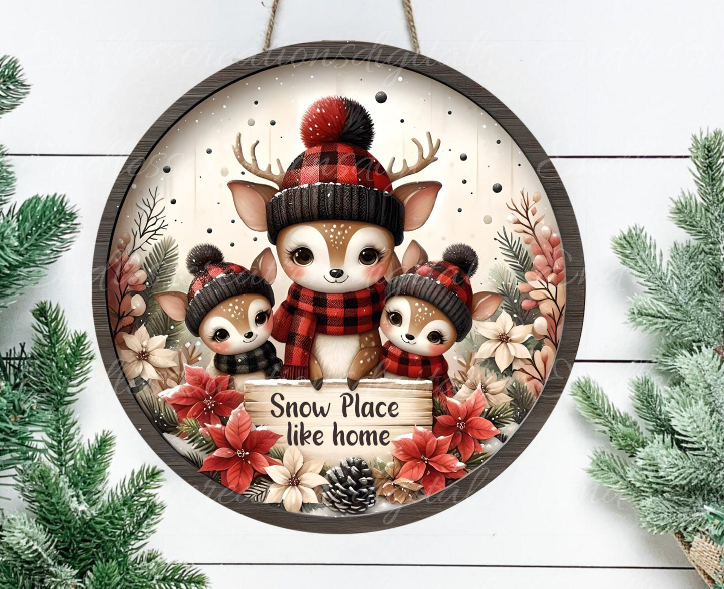 WINTER DEER ROUND door hanger, wreath sign, square cutting board, coaster png, for sublimation high resolution, 2 files, 1 blank