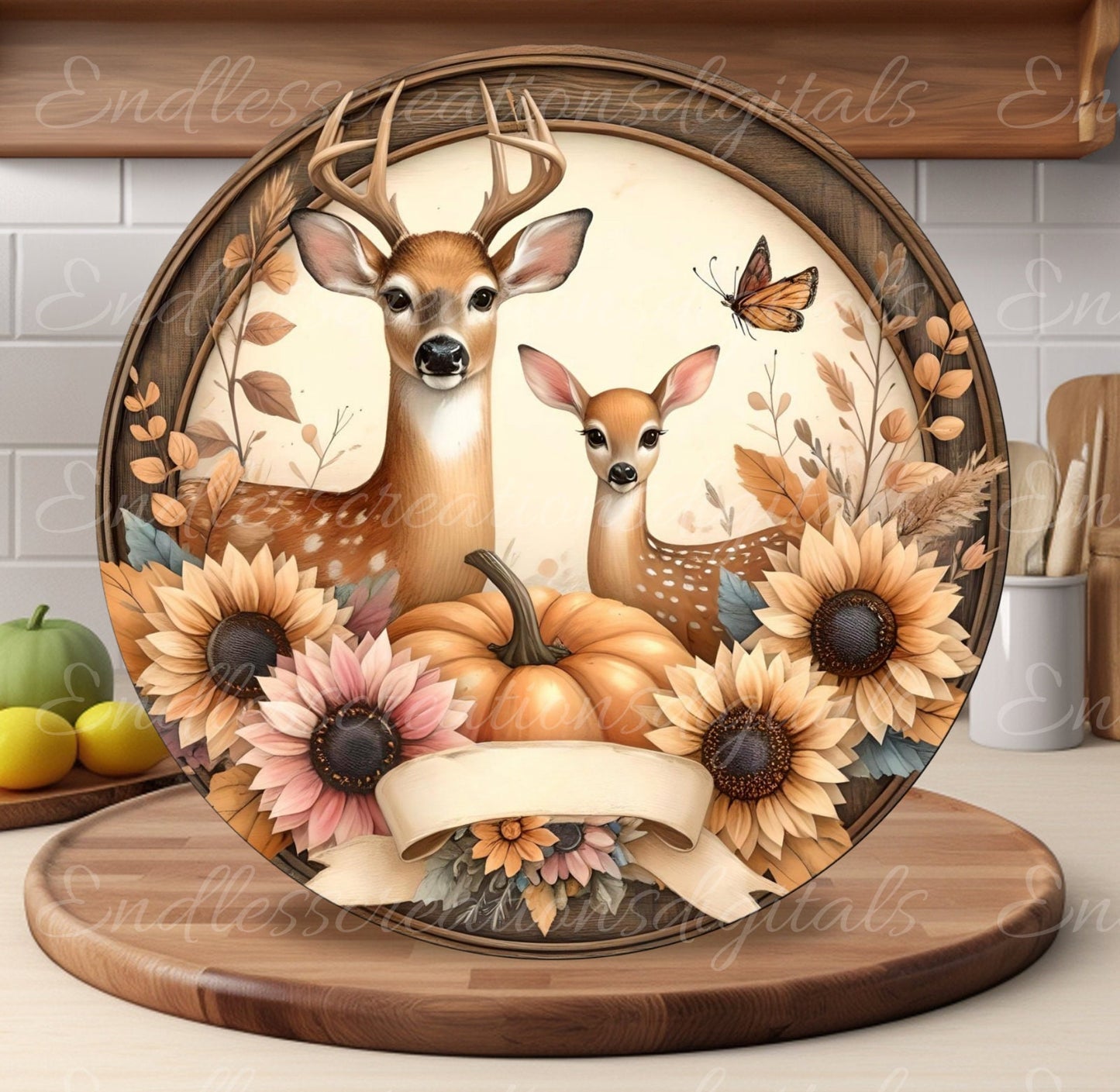 ROUND FALL DEER door hanger, wreath sign, round cutting board, ornament etc. png, for sublimation high resolution, 2 files, 1 add text