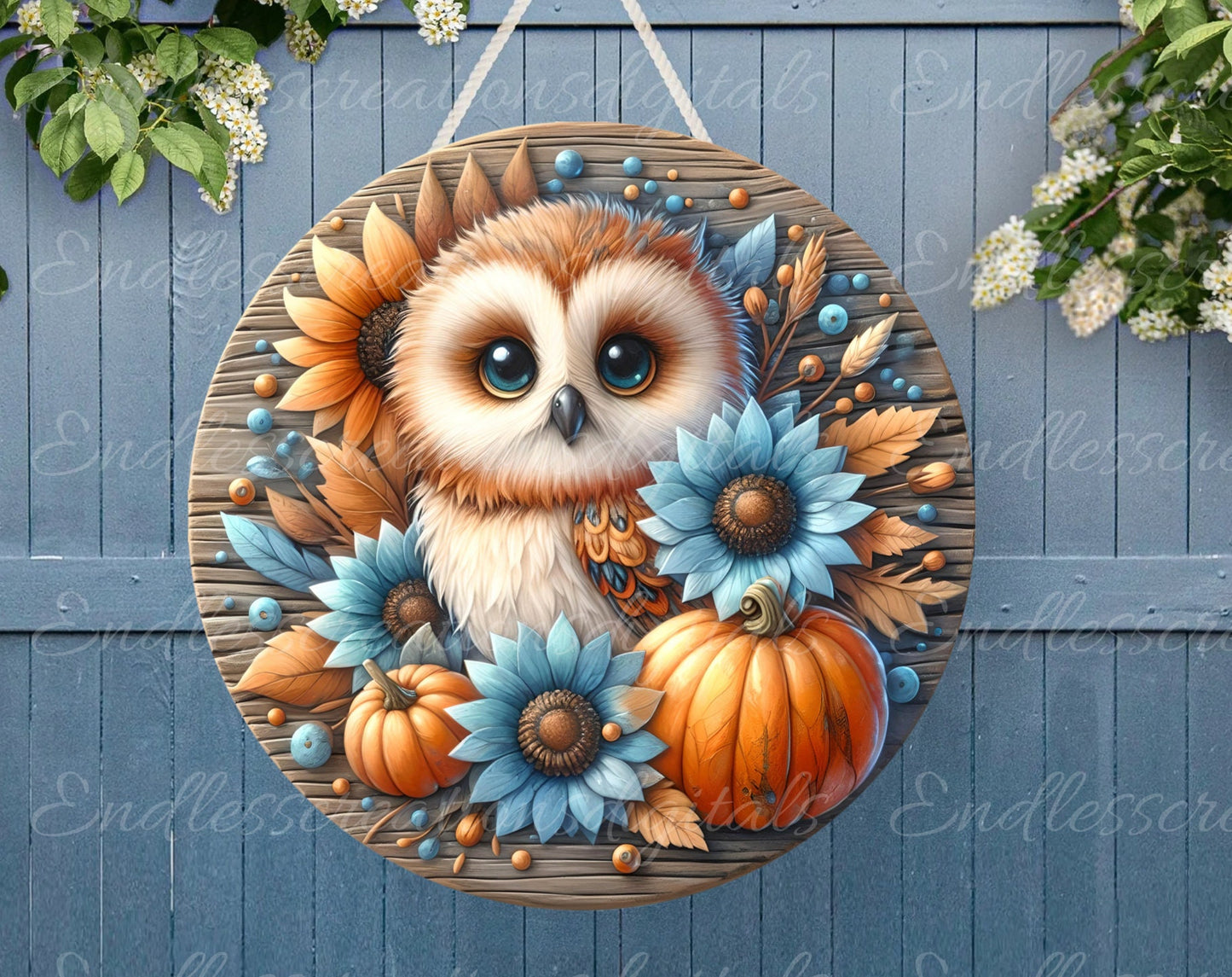 FALL OWL ROUND door hanger, wreath sign, round cutting board, coasters etc. sublimation high resolution