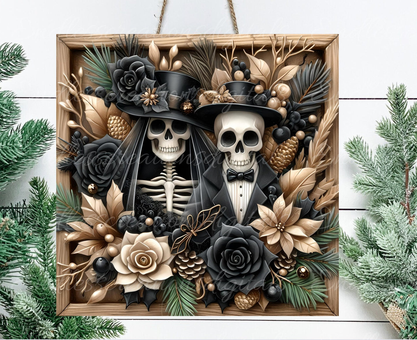 CHRISTMAS SKELETON COUPLE door hanger, wreath sign, round cutting board, coasters etc. sublimation high resolution