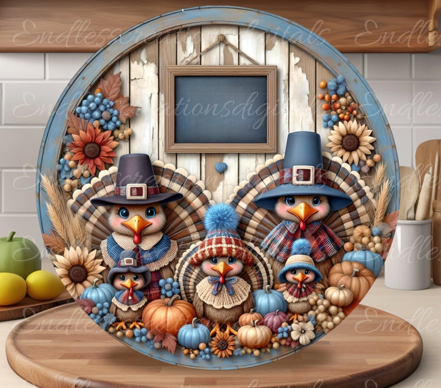 FALL TURKEY TIME 3d look framed Door hanger, wreath sign, round cutting board, for sublimation high resolution 2 files, 1 add your own text