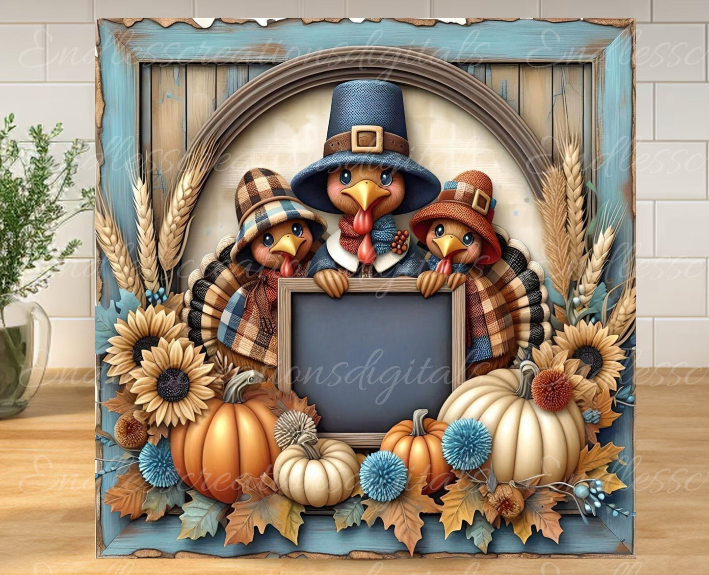 FALL TURKEY TIME 3d framed Door hanger, wreath sign, round cutting board, for sublimation high resolution 2 files, 1 add your own text