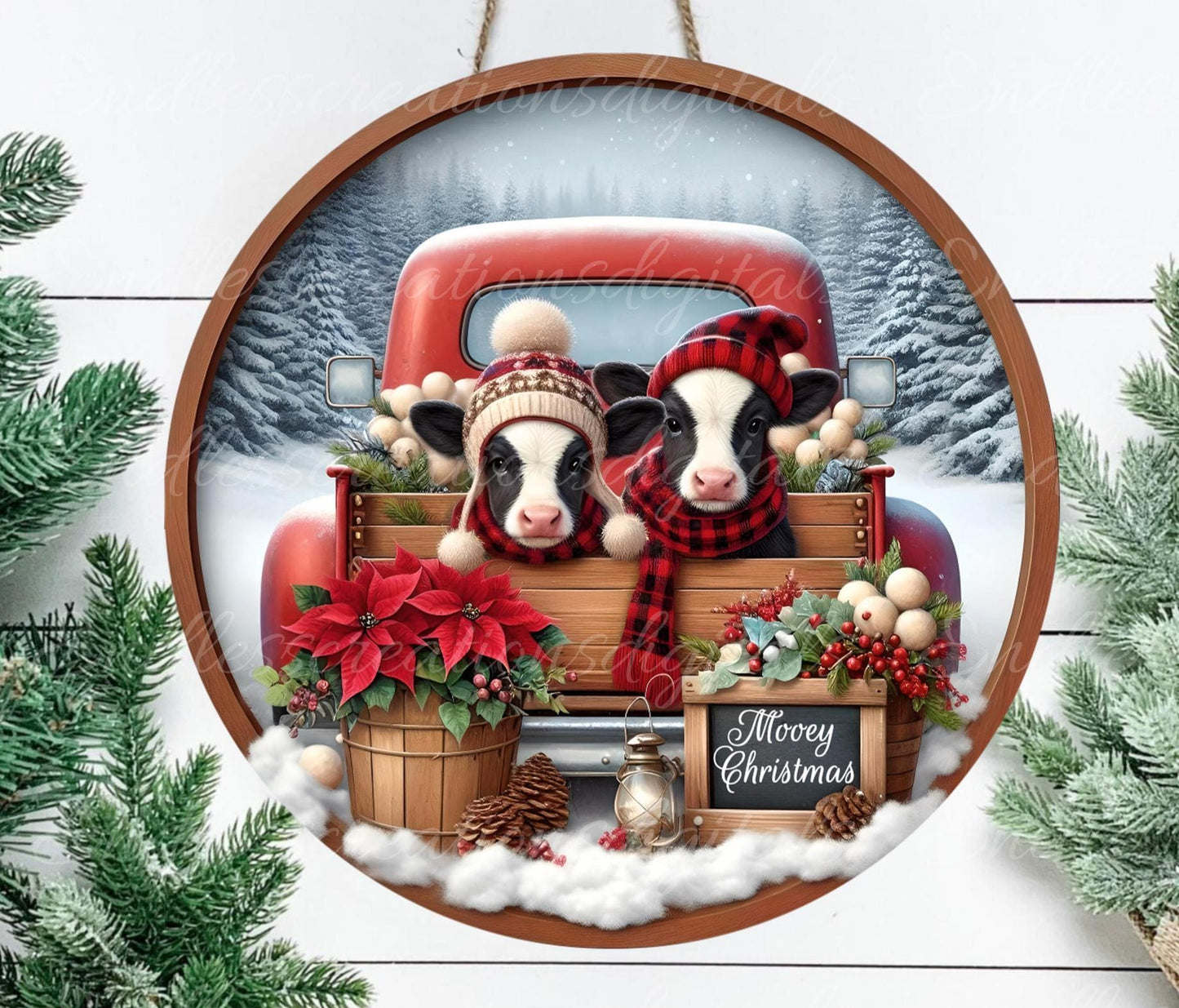 MOOEY CHRISTMAS BABY Holsteins door hanger, wreath sign, round cutting board, ornament, for sublimation high resolution, 2 files, 1 blank
