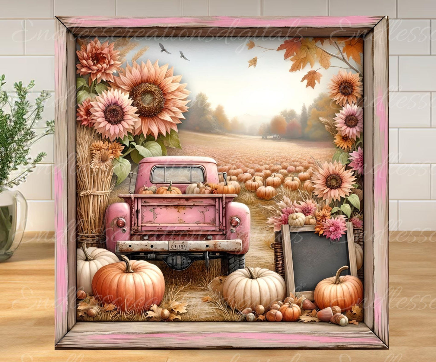 FALL PINK TRUCK Square Door hanger, wreath sign, square cutting board, for sublimation high resolution 2 files, 1 add your own text
