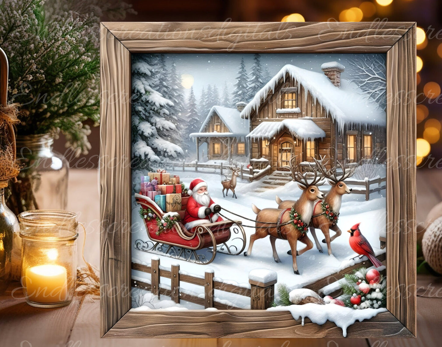 SANTA SLEIGH REINDEER square door hanger, wreath sign, square cutting board, coasters etc for sublimation high resolution 300 dpi