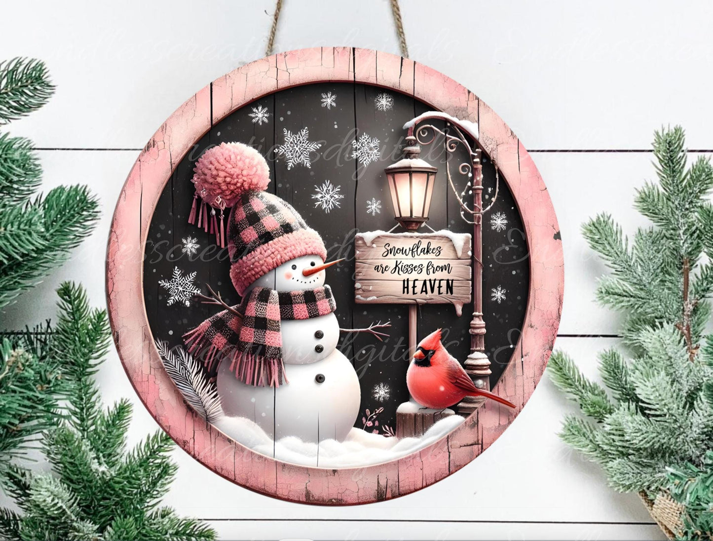 PINK SNOWMAN Door hanger, wreath sign, round cutting board, ornament, can resize, for sublimation high resolution 2 files, 1 add own text