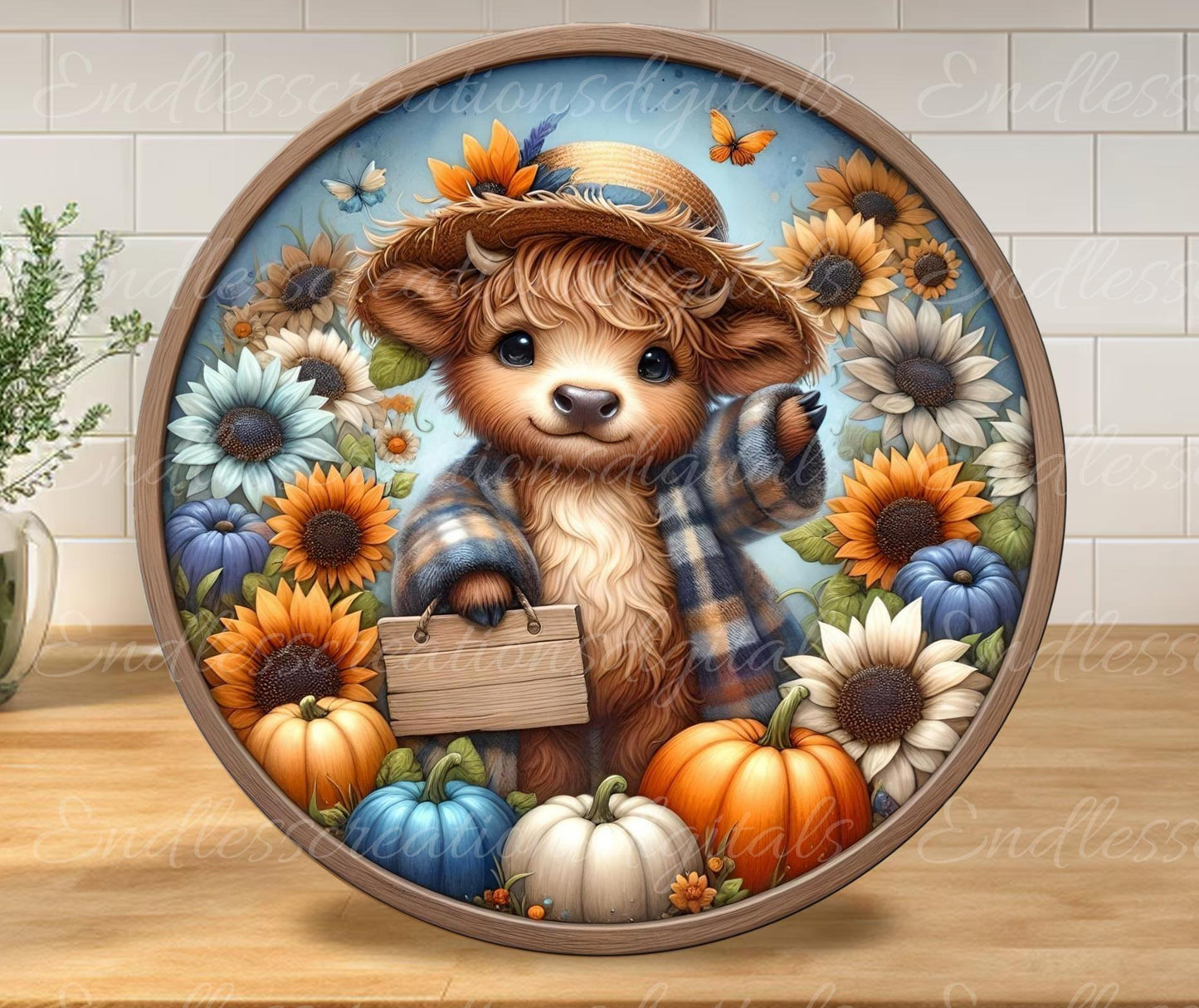 FALL HIGHLAND COW Door hanger, wreath sign, round cutting board, for sublimation high resolution 2 files, 1 add your own text