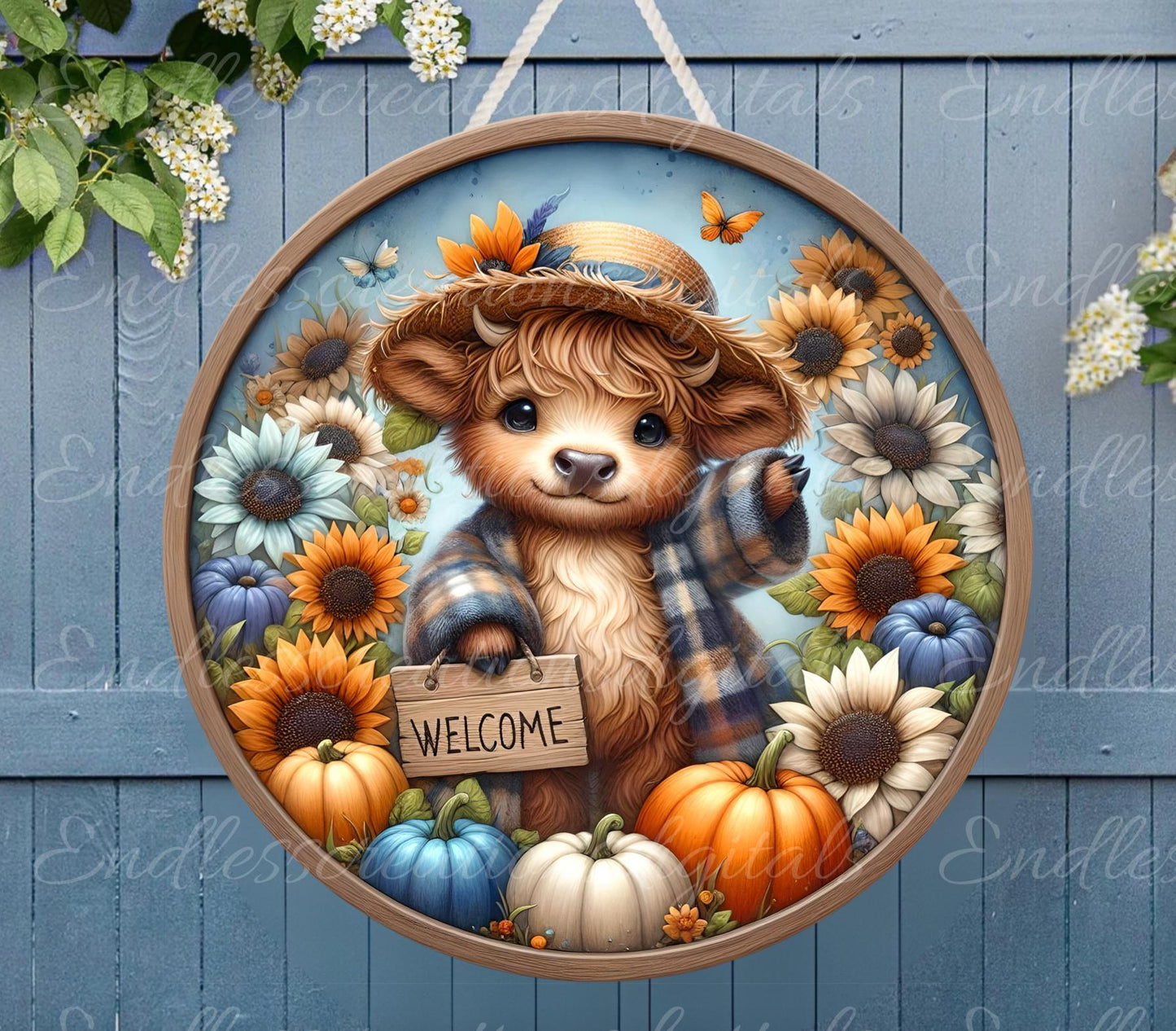 FALL HIGHLAND COW Door hanger, wreath sign, round cutting board, for sublimation high resolution 2 files, 1 add your own text