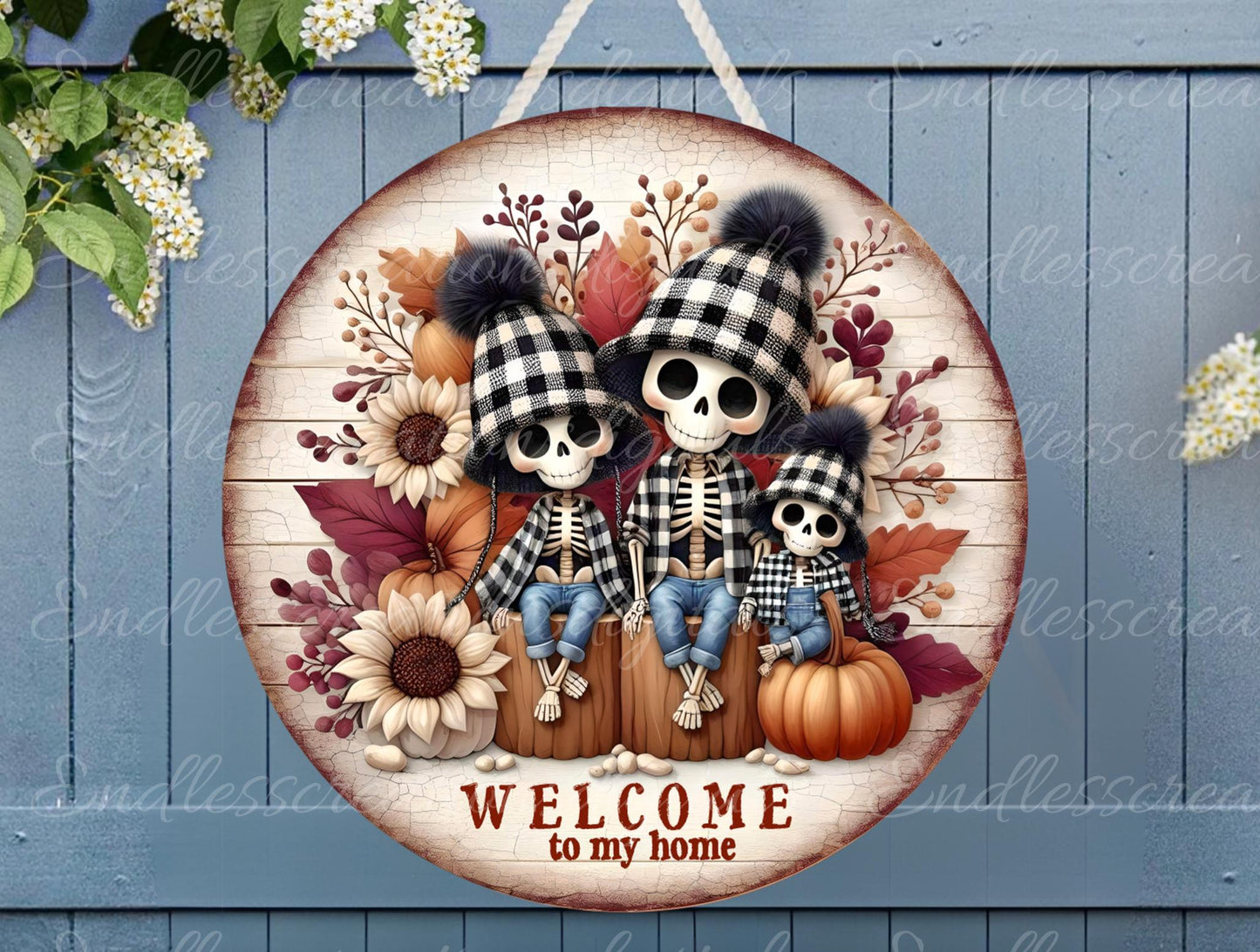 FALL SKELETON Door hanger, wreath sign, round cutting board, for sublimation high resolution 2 files, 1 add your own text