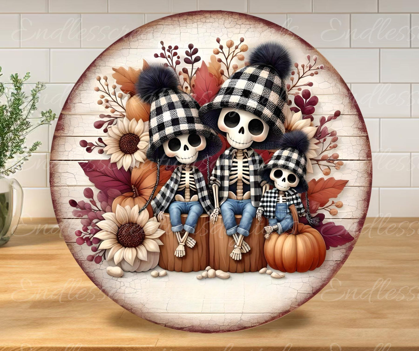 FALL SKELETON Door hanger, wreath sign, round cutting board, for sublimation high resolution 2 files, 1 add your own text