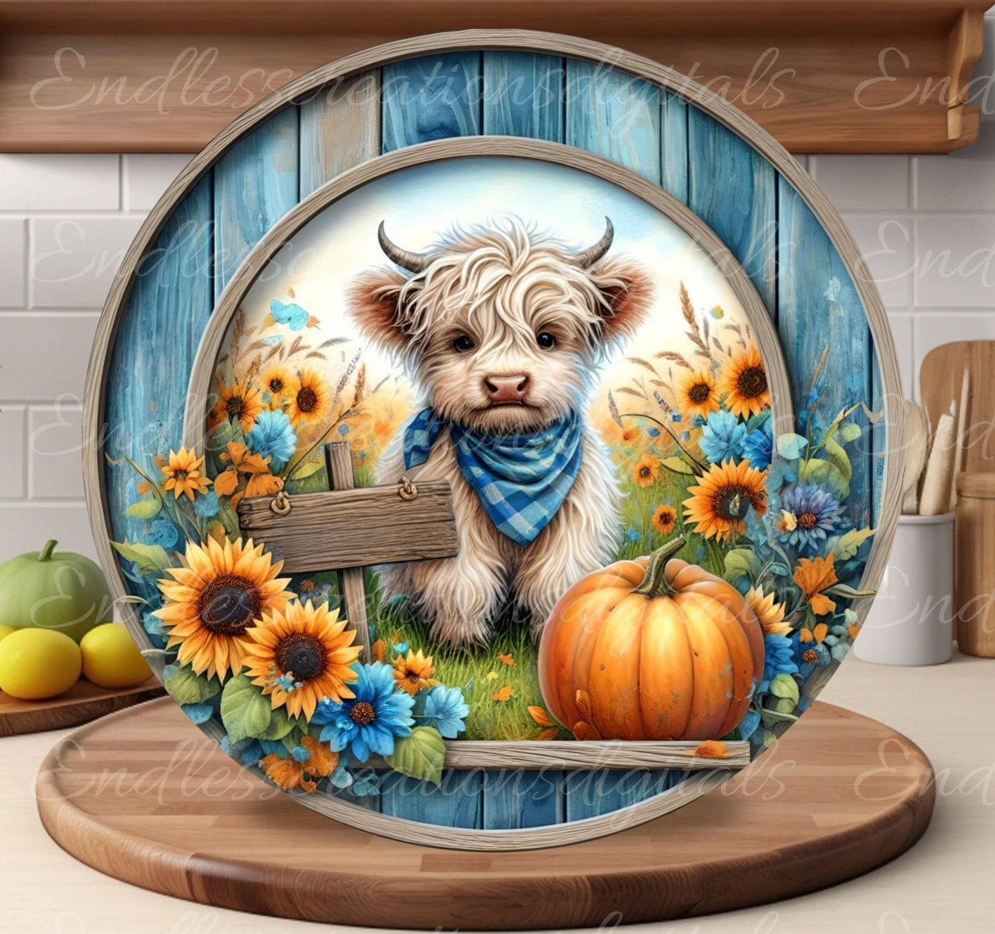 FALL HIGHLAND COW door hanger, wreath sign, round cutting board, for sublimation high resolution 2 files for download, 1 add your own text