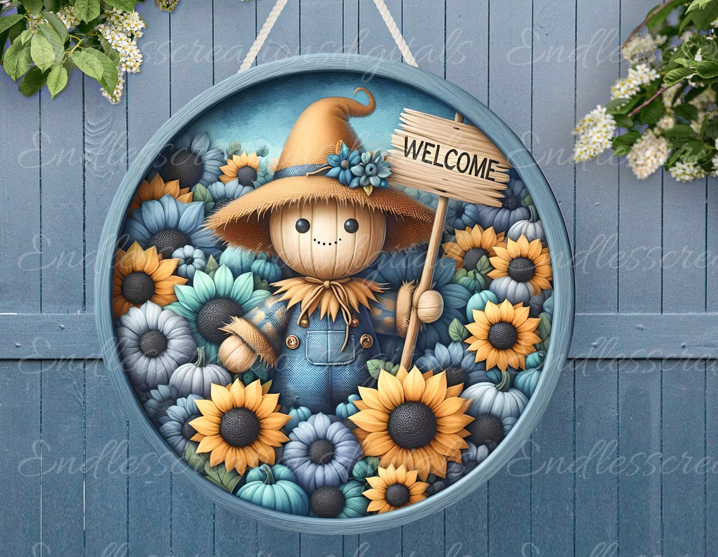 FALL SCARECROW door hanger, wreath sign, round cutting board, for sublimation high resolution 2 files for download, 1 add your own text