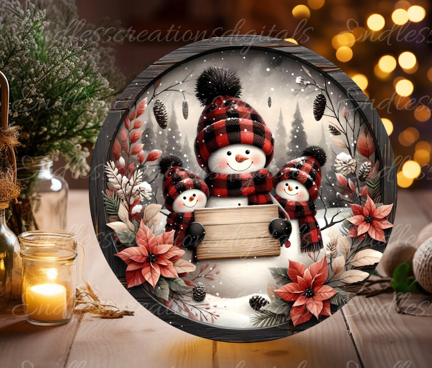 SNOWMAN FAMILY ROUND door hanger, wreath sign, ornament, cutting board for sublimation high resolution 2 files, 1 add your own text