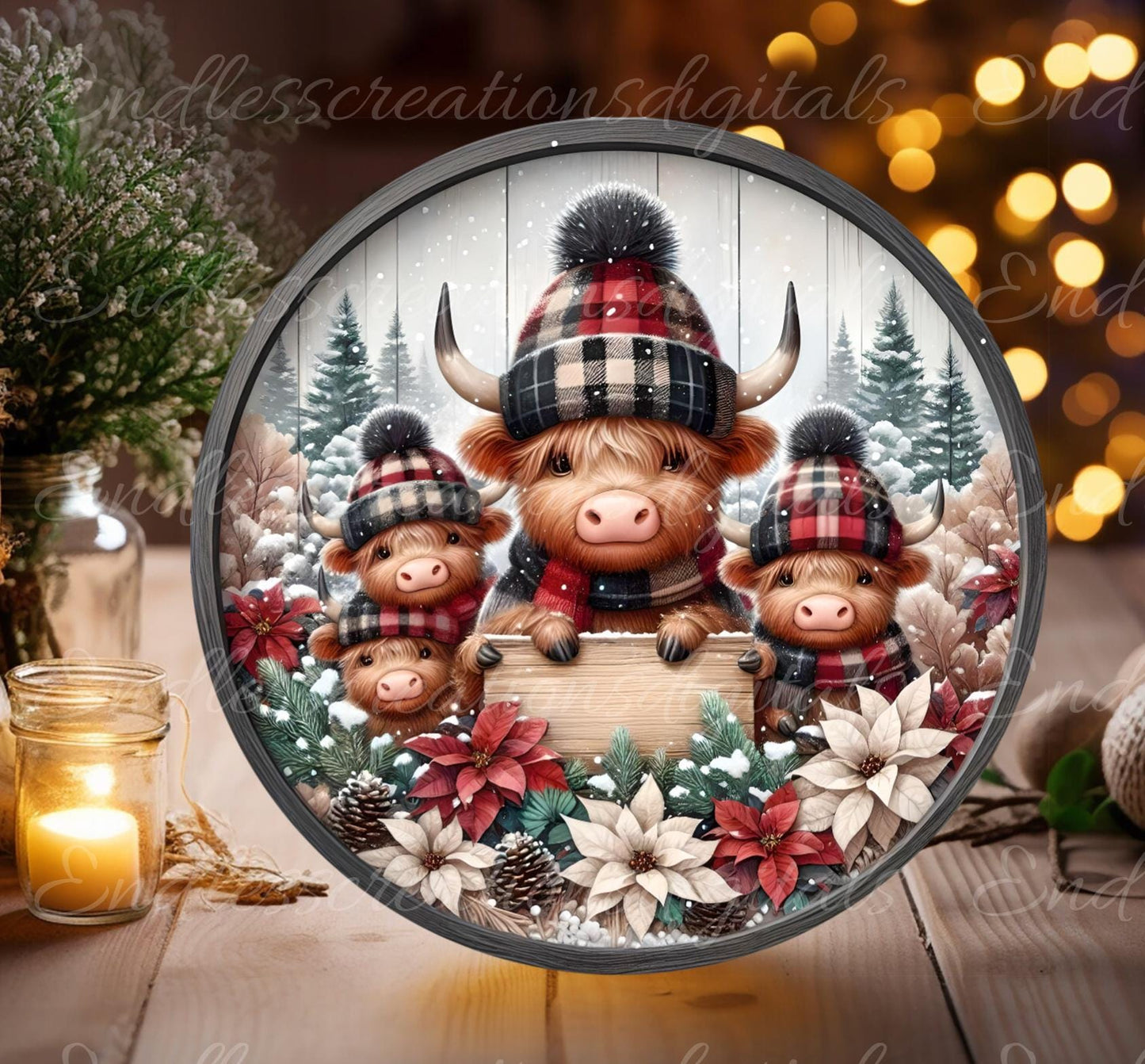 WINTER PLAID HIGHLANDS Door hanger, wreath sign, round cutting board, ornament, resize, sublimation high resolution 2 files, 1 add own text