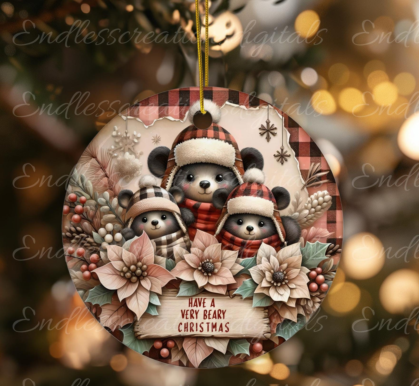 WINTER PLAID BEARS Door hanger, wreath sign, round cutting board, ornament, resize, sublimation high resolution 2 files, 1 add own text