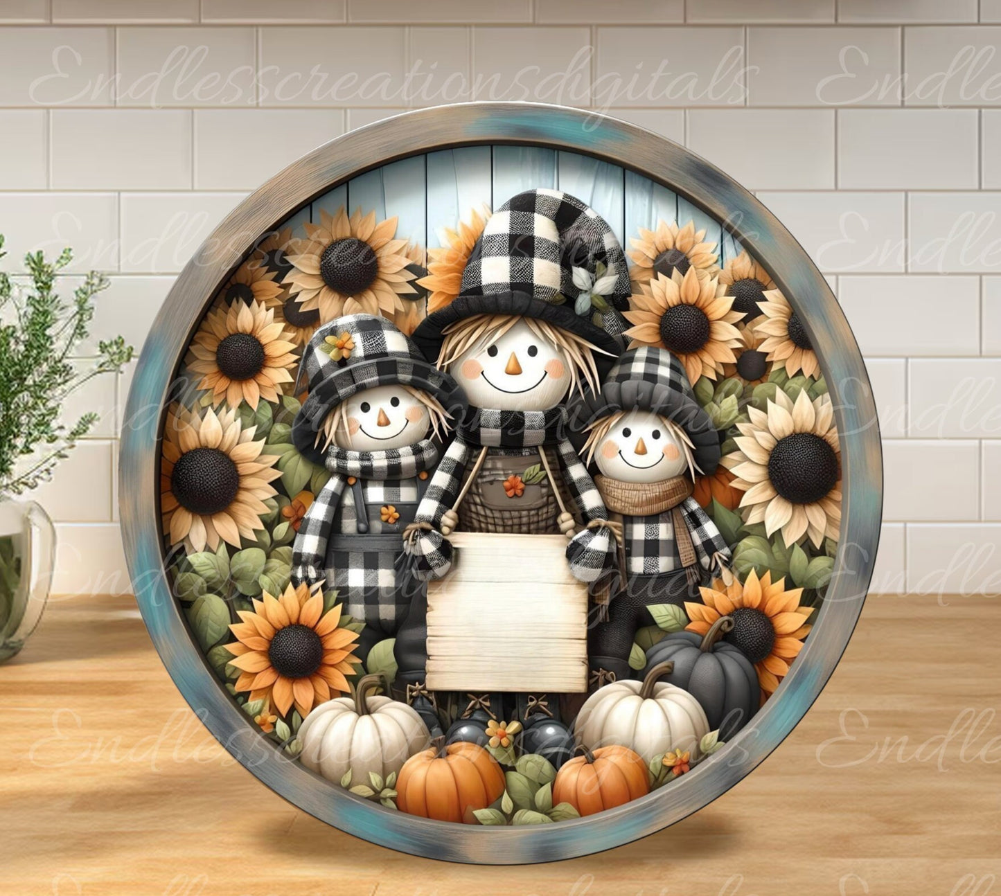 FALL SCARECROW FAMILY Door hanger, wreath sign, round cutting board png, for sublimation high resolution 2 files, 1 add your own text