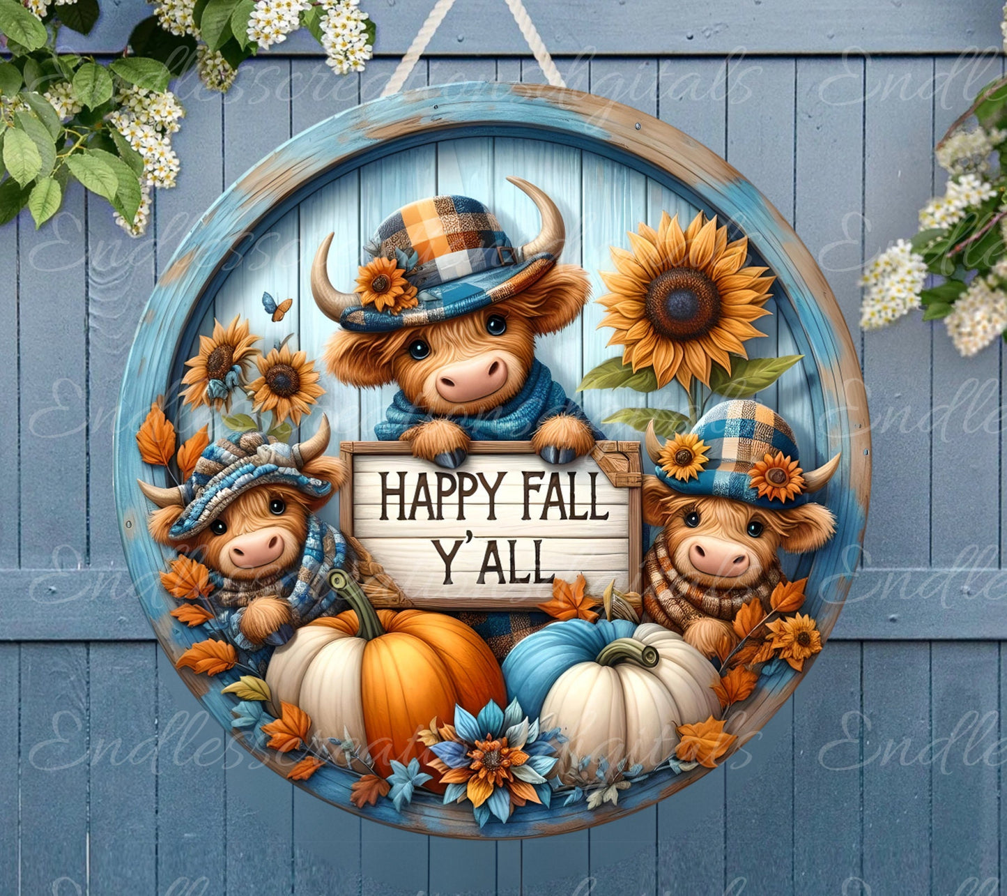 FALL HIGHLAND COW Family Door hanger, wreath sign, round cutting board png, for sublimation high resolution 2 files, 1 add your own text