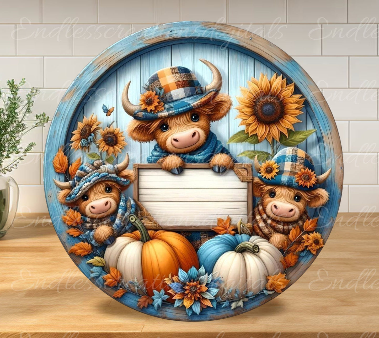 FALL HIGHLAND COW Family Door hanger, wreath sign, round cutting board png, for sublimation high resolution 2 files, 1 add your own text