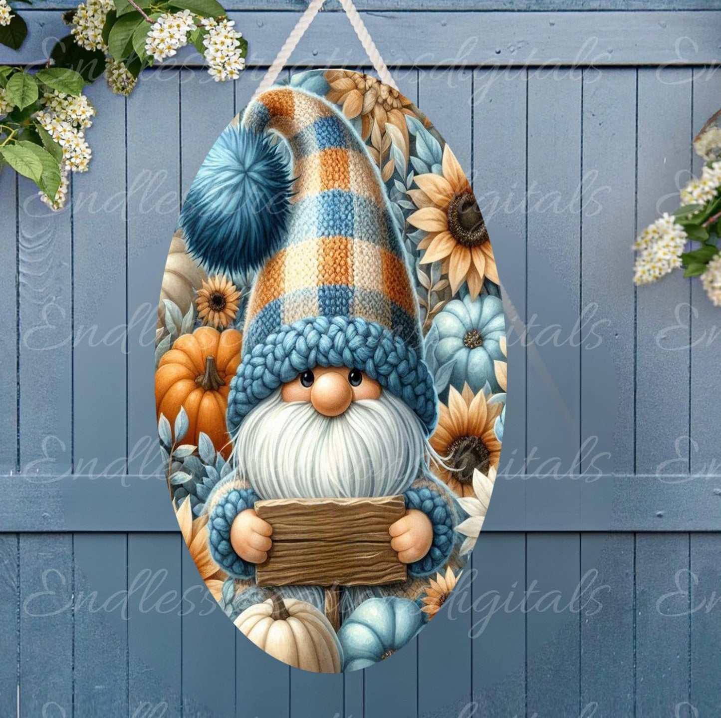 FALL GNOME 7X12 OVAL oval hanger, wreath sign, for sublimation high resolution 2 files, 1 add your own text