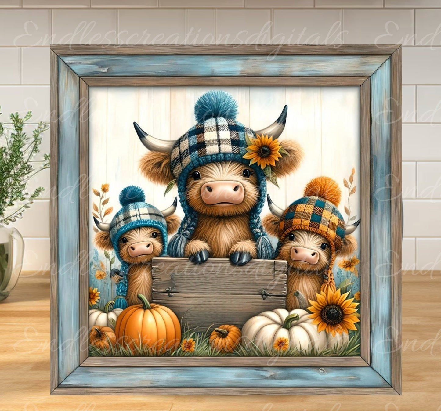HIGHLAND COW FALL square Door hanger, wreath sign, square cutting board, for sublimation high resolution 2 files, 1 add your own text