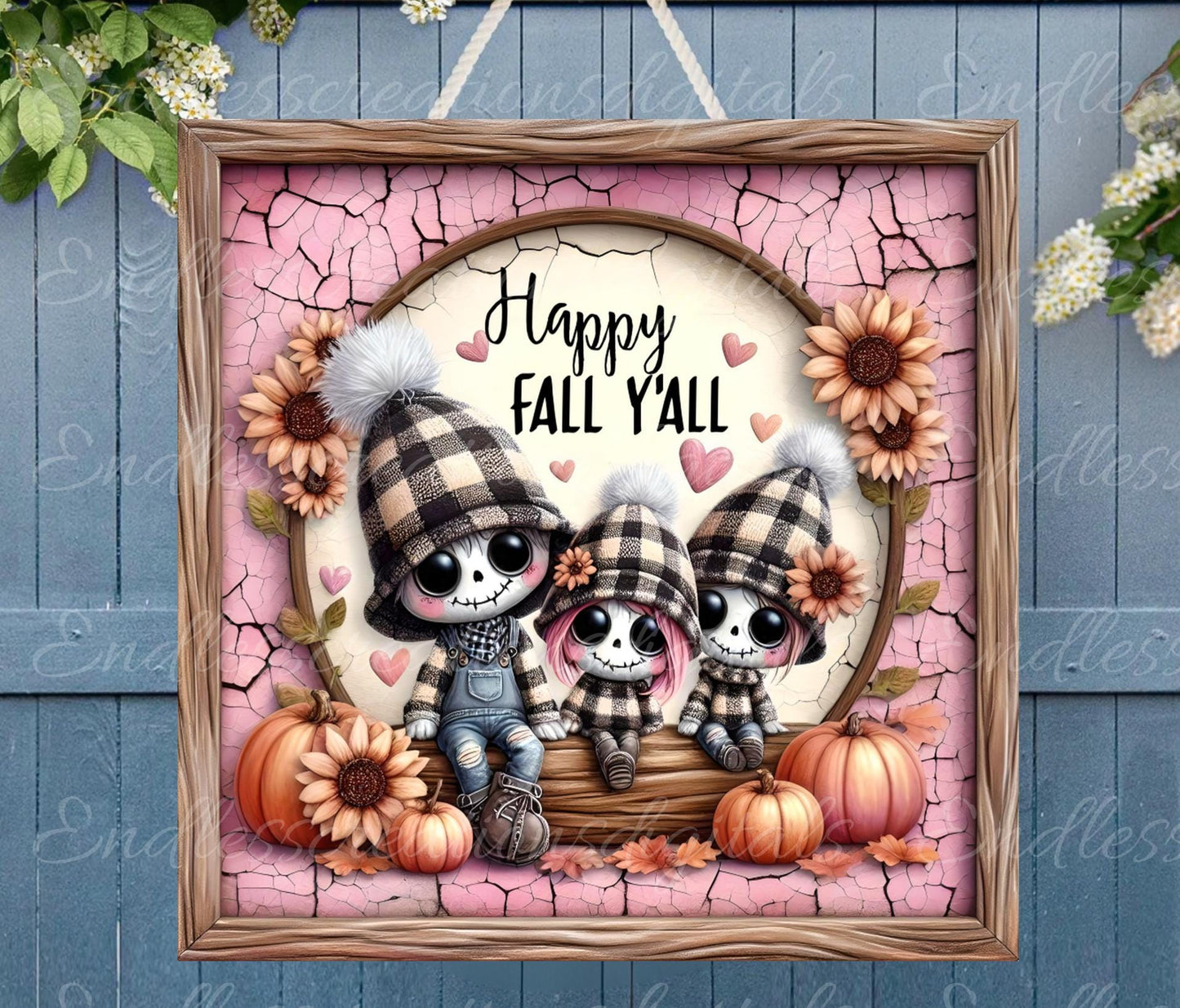 FALL PINK ZOMBIE Family Square Door hanger, wreath sign, square cutting board, for sublimation high resolution 2 files, 1 add your own text