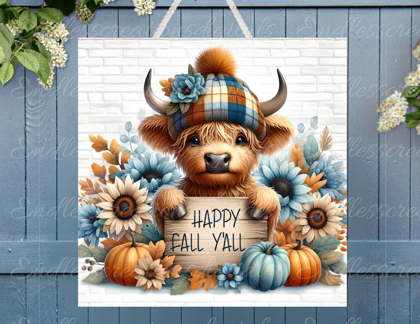 FALL HIGHLAND COW square Door hanger, wreath sign, square cutting board png, for sublimation high resolution 2 files, 1 add your own text