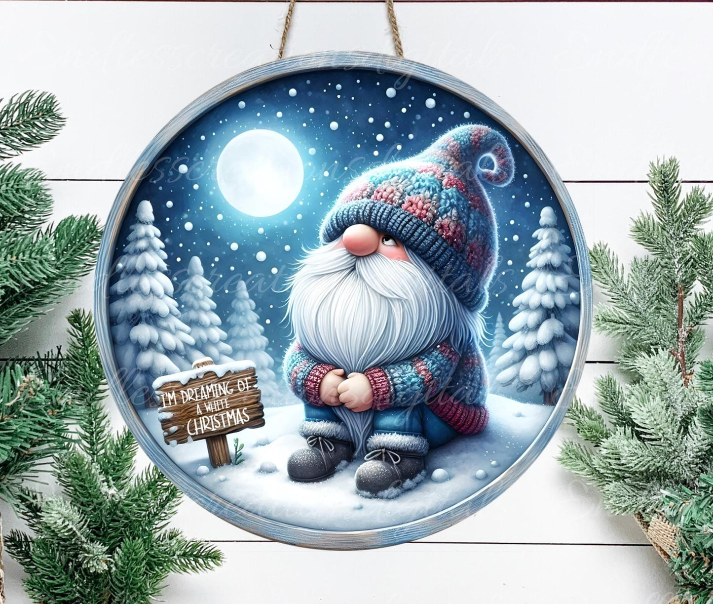 WHITE CHRISTMAS GNOME Door hanger, wreath sign, round cutting board, ornament, resize, sublimation high resolution 2 files, 1 add own text