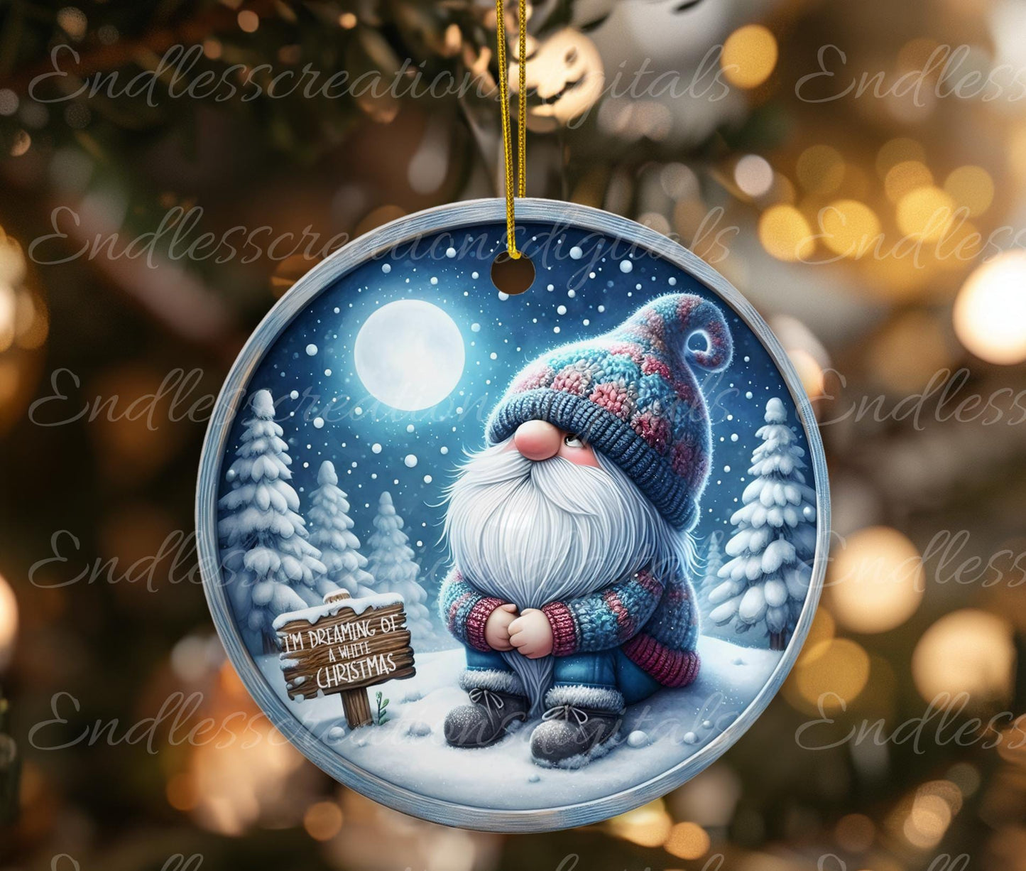 WHITE CHRISTMAS GNOME Door hanger, wreath sign, round cutting board, ornament, resize, sublimation high resolution 2 files, 1 add own text