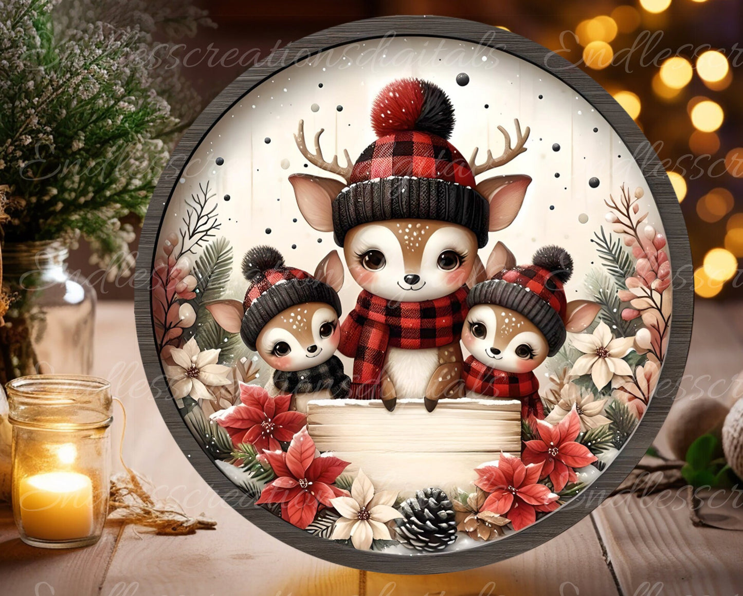 WINTER DEER ROUND door hanger, wreath sign, square cutting board, coaster png, for sublimation high resolution, 2 files, 1 blank
