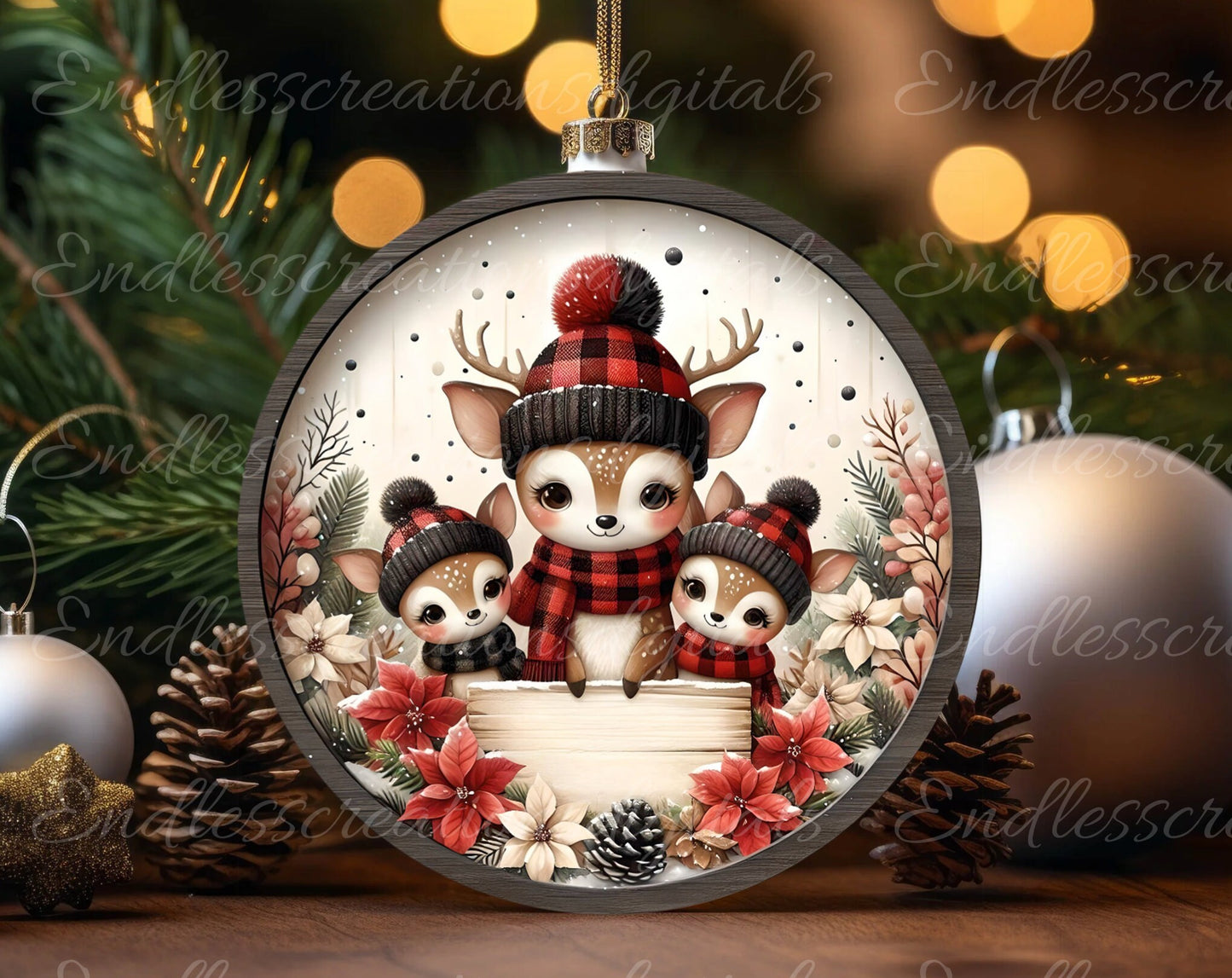 WINTER DEER ROUND door hanger, wreath sign, square cutting board, coaster png, for sublimation high resolution, 2 files, 1 blank