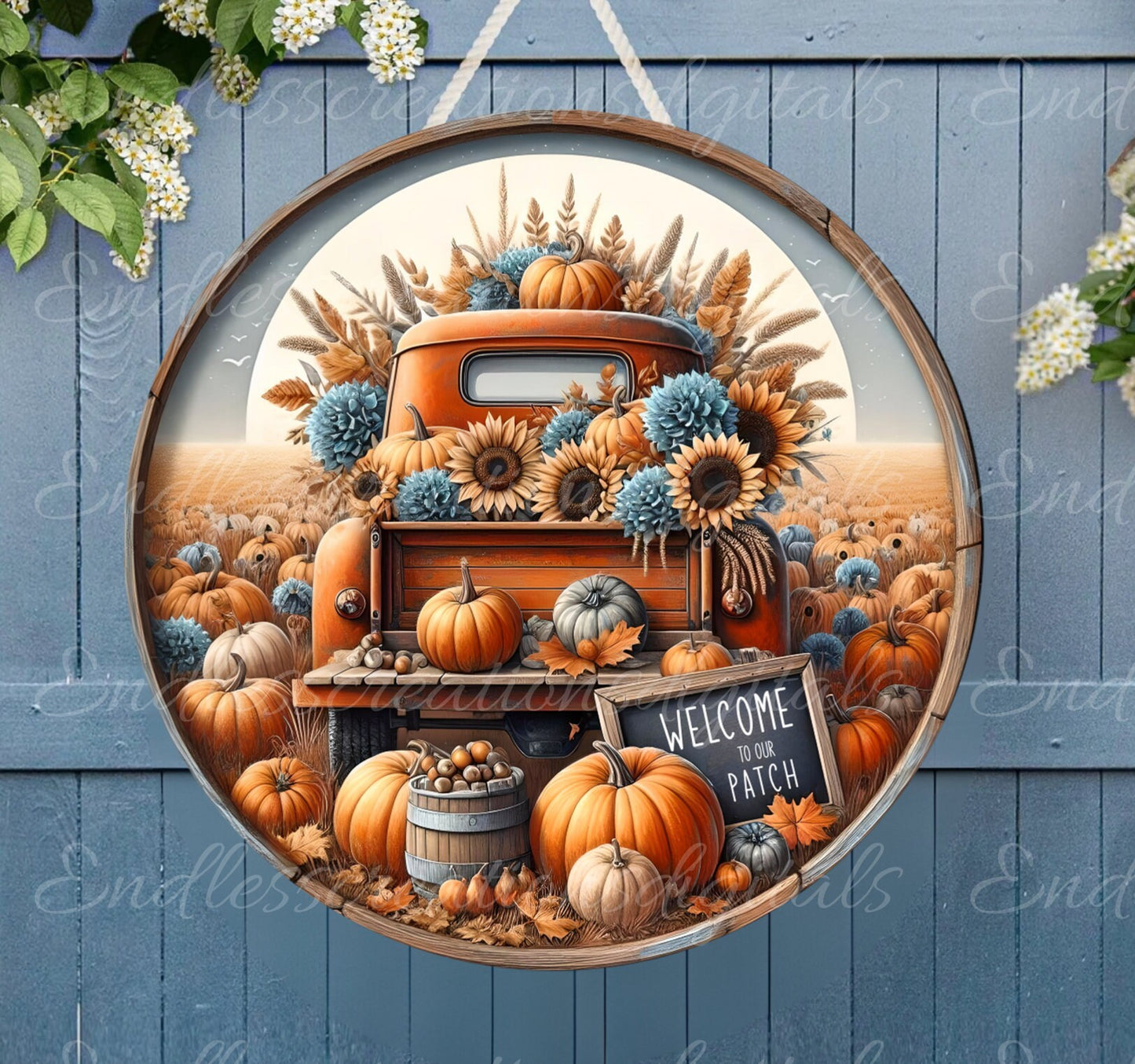 FALL TRUCK Door hanger, wreath sign, round cutting board png, for sublimation high resolution 2 files, 1 add your own text