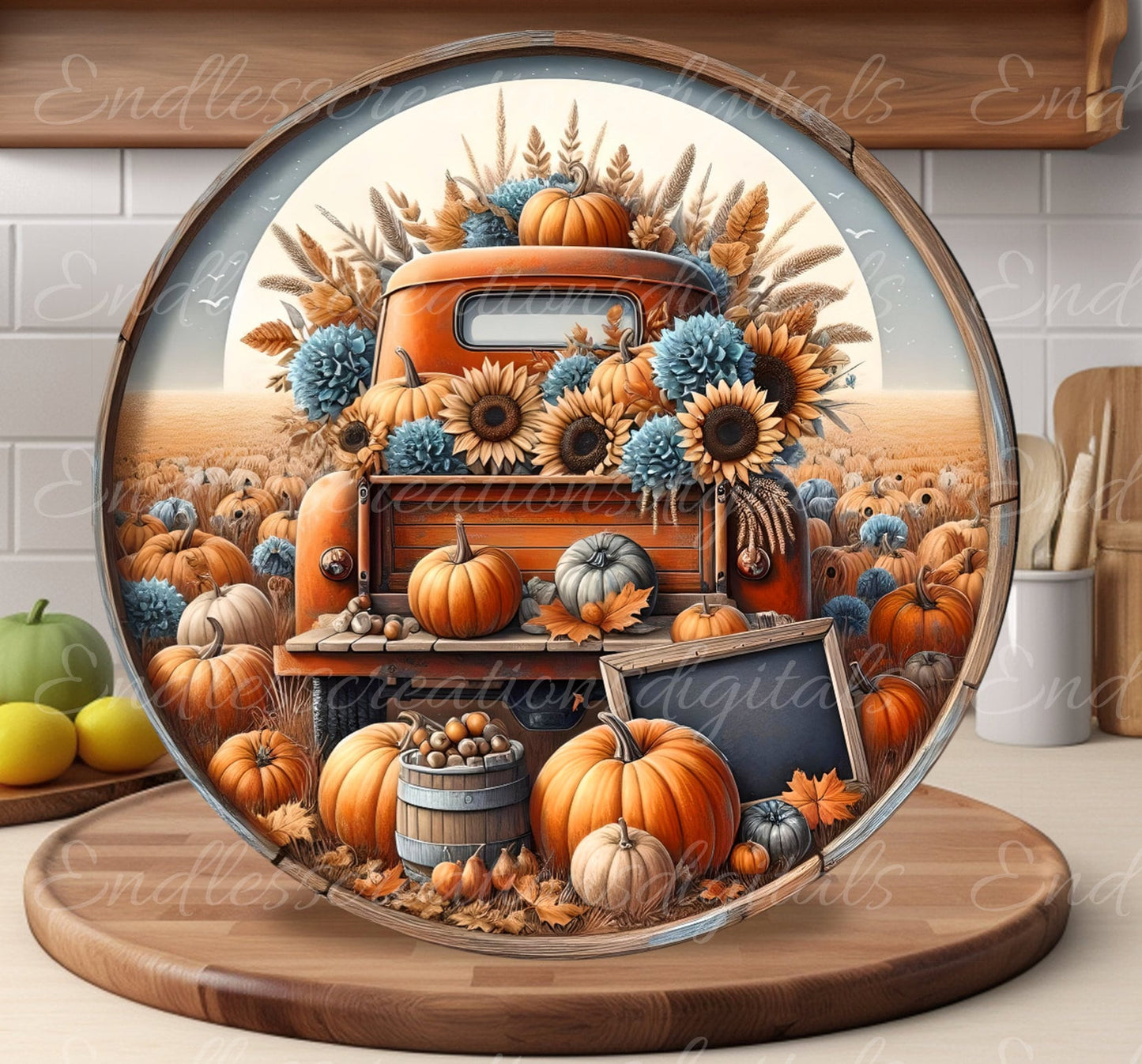 FALL TRUCK Door hanger, wreath sign, round cutting board png, for sublimation high resolution 2 files, 1 add your own text
