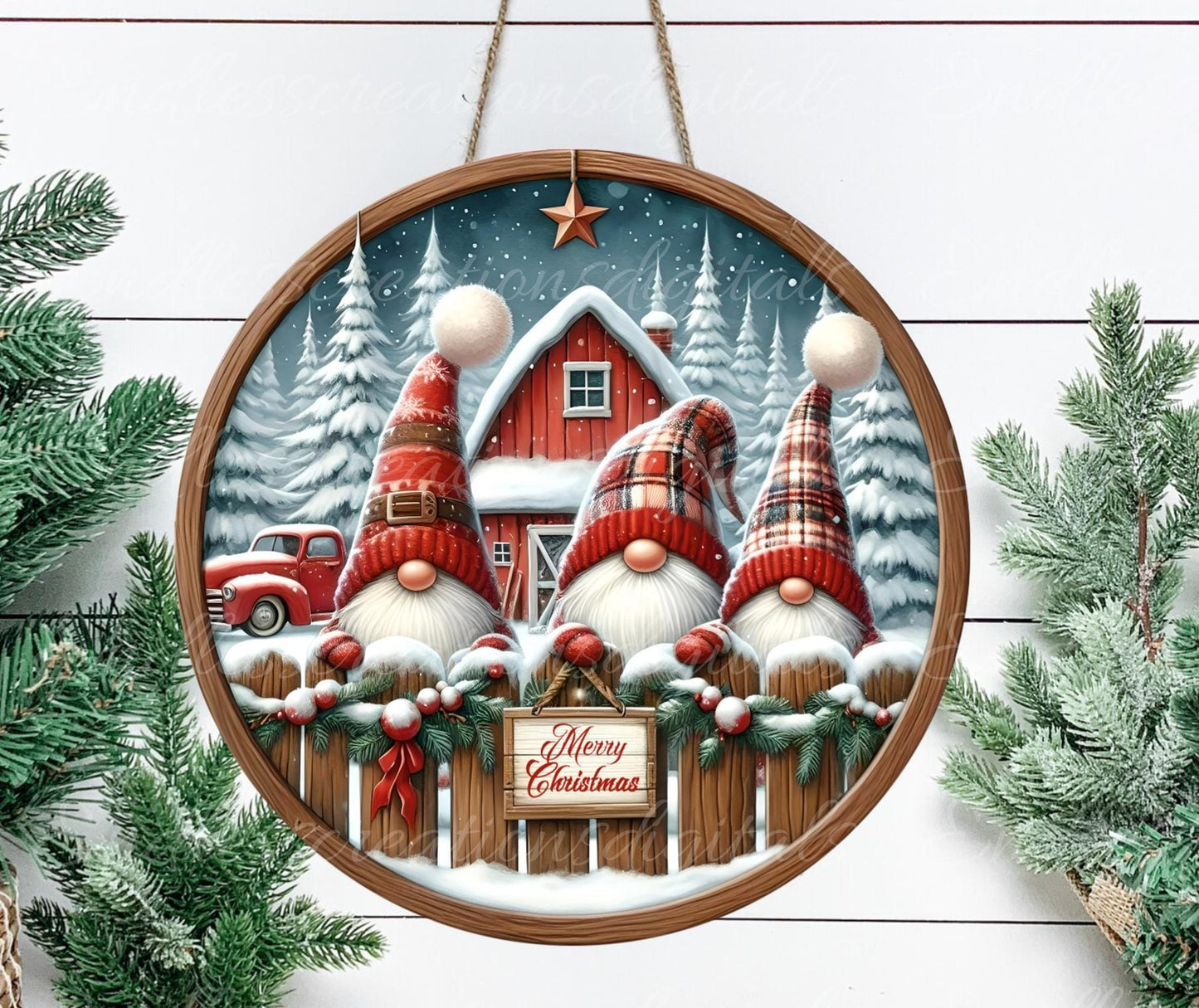 CHRISTMAS GNOMES Door hanger, wreath sign round cutting board ornament resize sublimation high resolution 2 files for download 1 add text