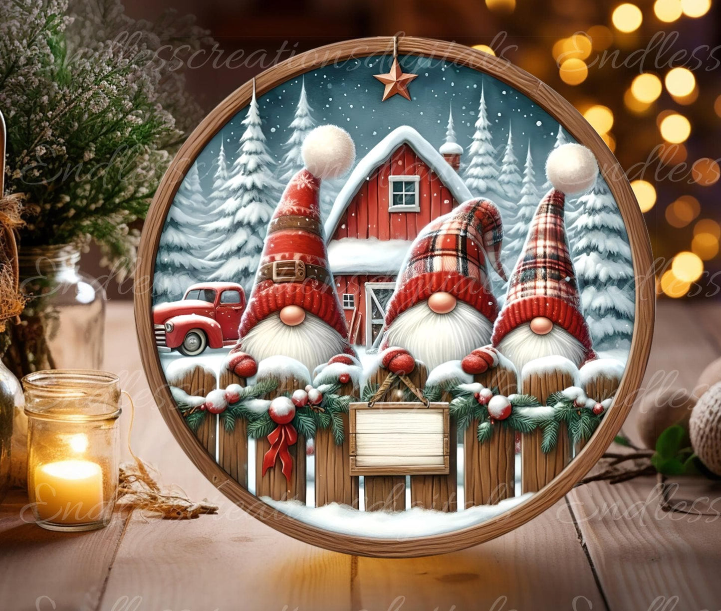 CHRISTMAS GNOMES Door hanger, wreath sign round cutting board ornament resize sublimation high resolution 2 files for download 1 add text