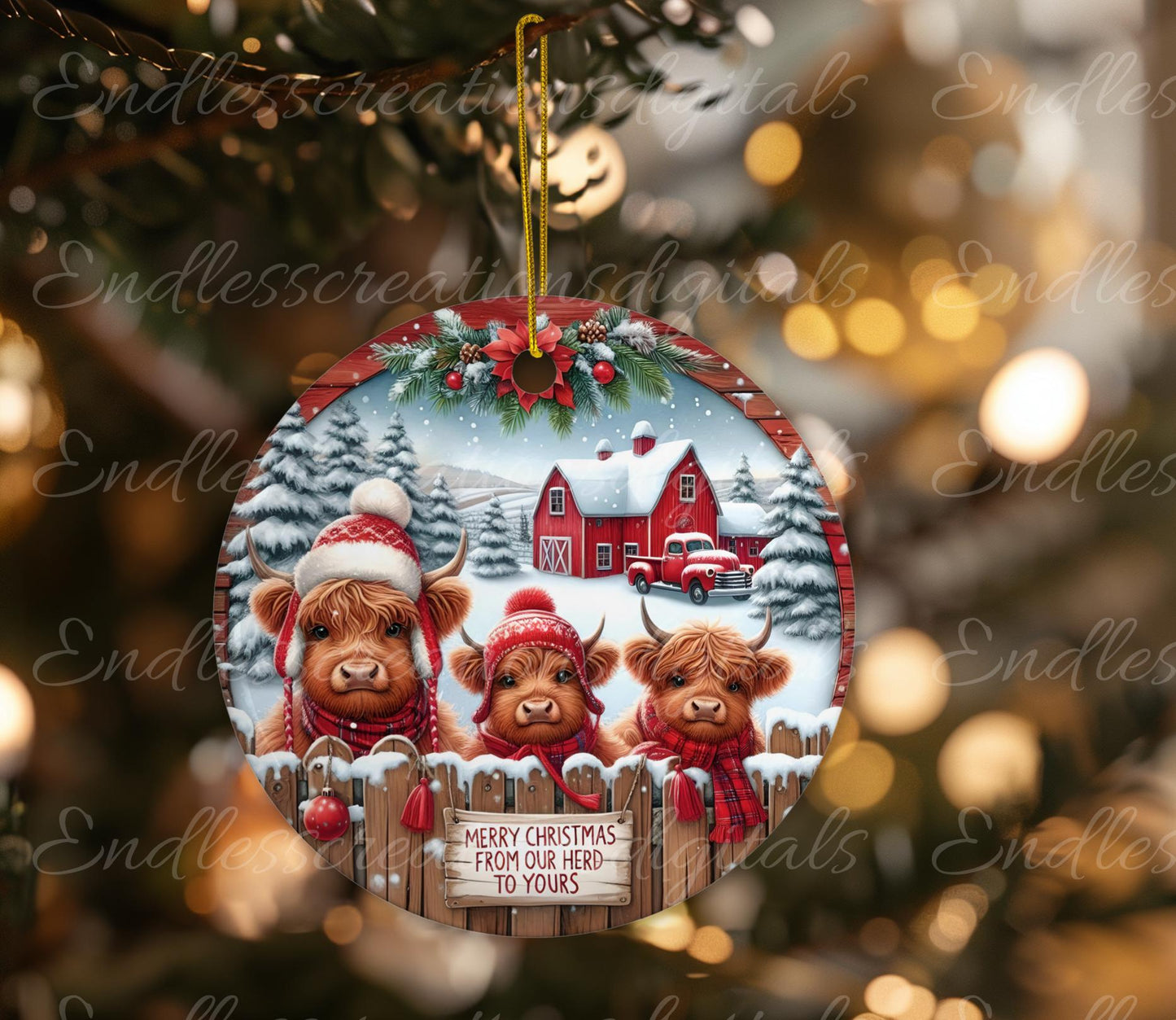 MERRY CHRISTMAS HIGHLAND Cows door hanger, wreath sign, round cutting board, ornament, for sublimation high resolution, 2 files, 1 blank