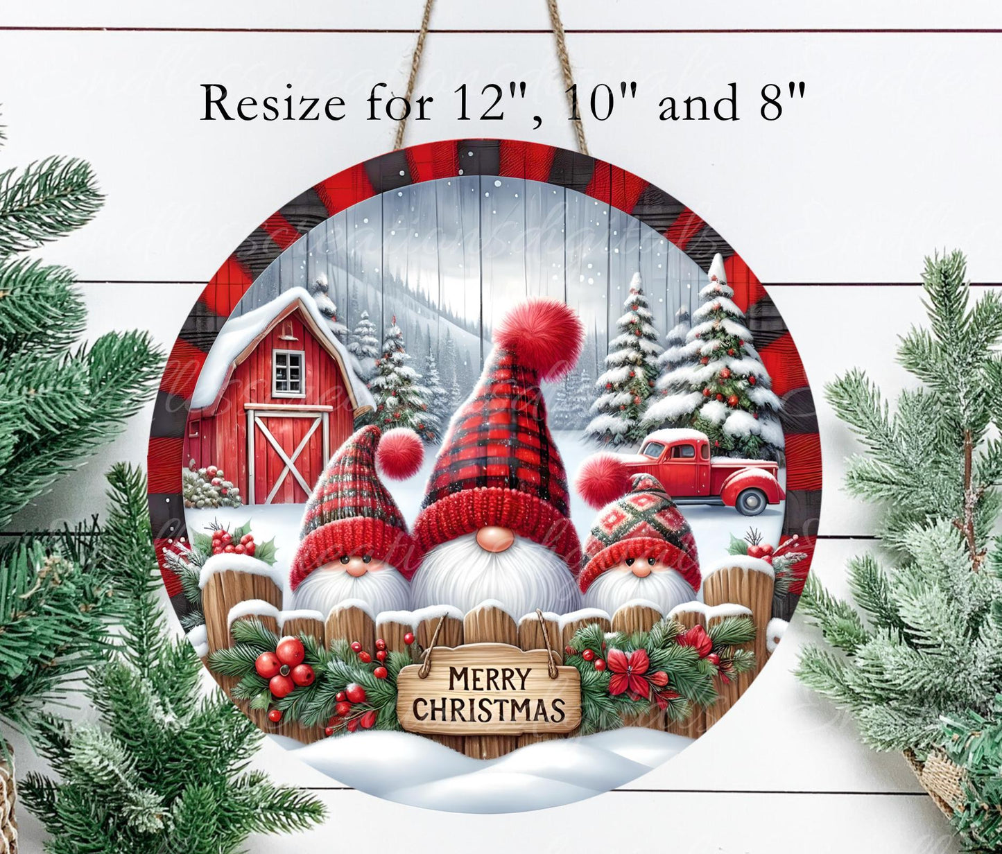 CHRISTMAS GNOMES TRUCK Door hanger, wreath sign round cutting board resize sublimation high resolution 2 files for download, 1 add text