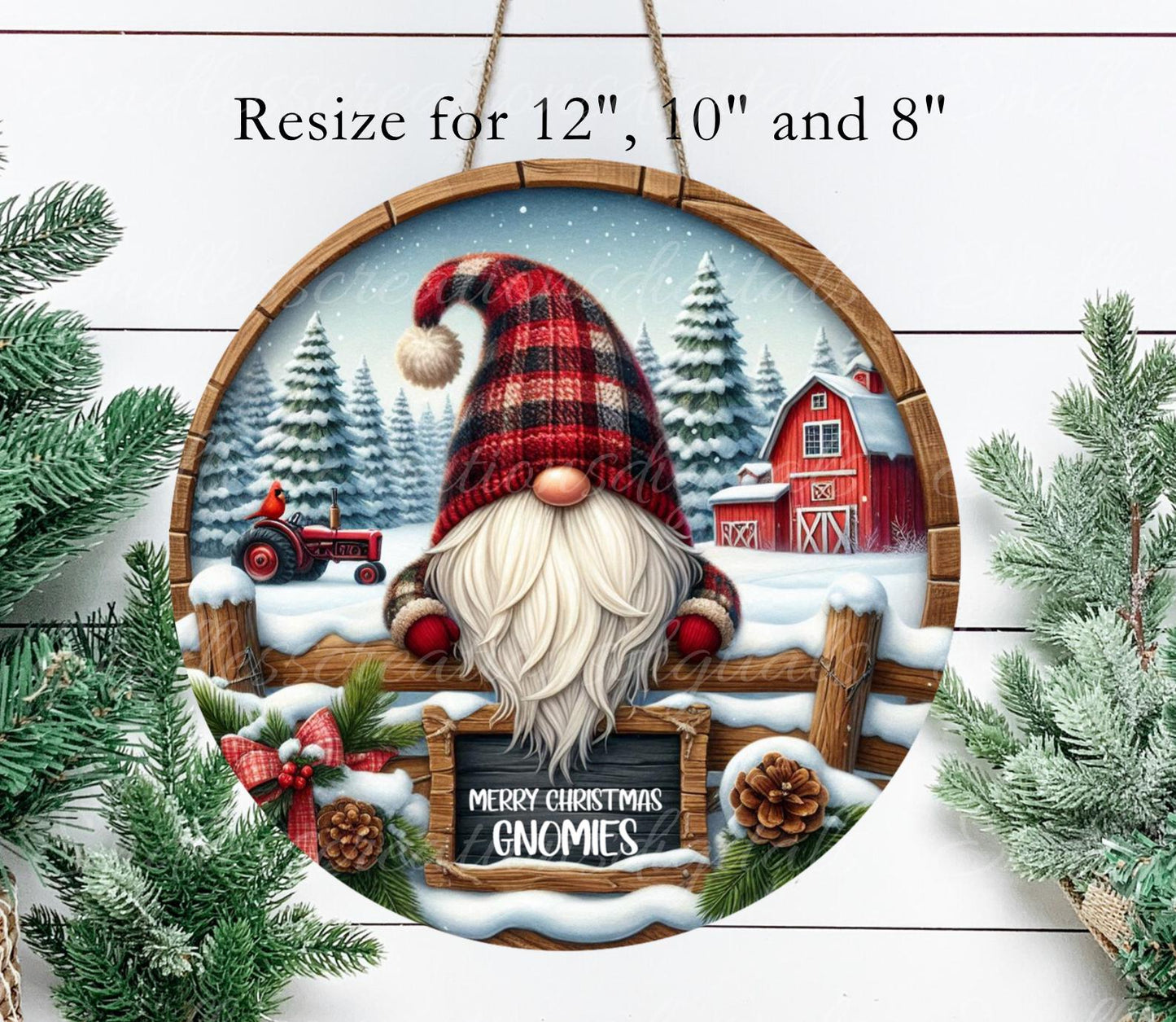 CHRISTMAS GNOMES TRACTOR Door hanger, wreath sign round cutting board resize sublimation high resolution 2 files for download, 1 add text