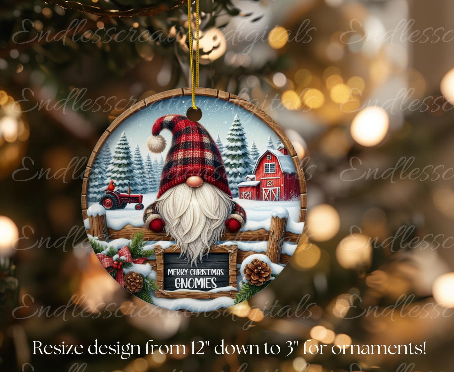 CHRISTMAS GNOMES TRACTOR Door hanger, wreath sign round cutting board resize sublimation high resolution 2 files for download, 1 add text