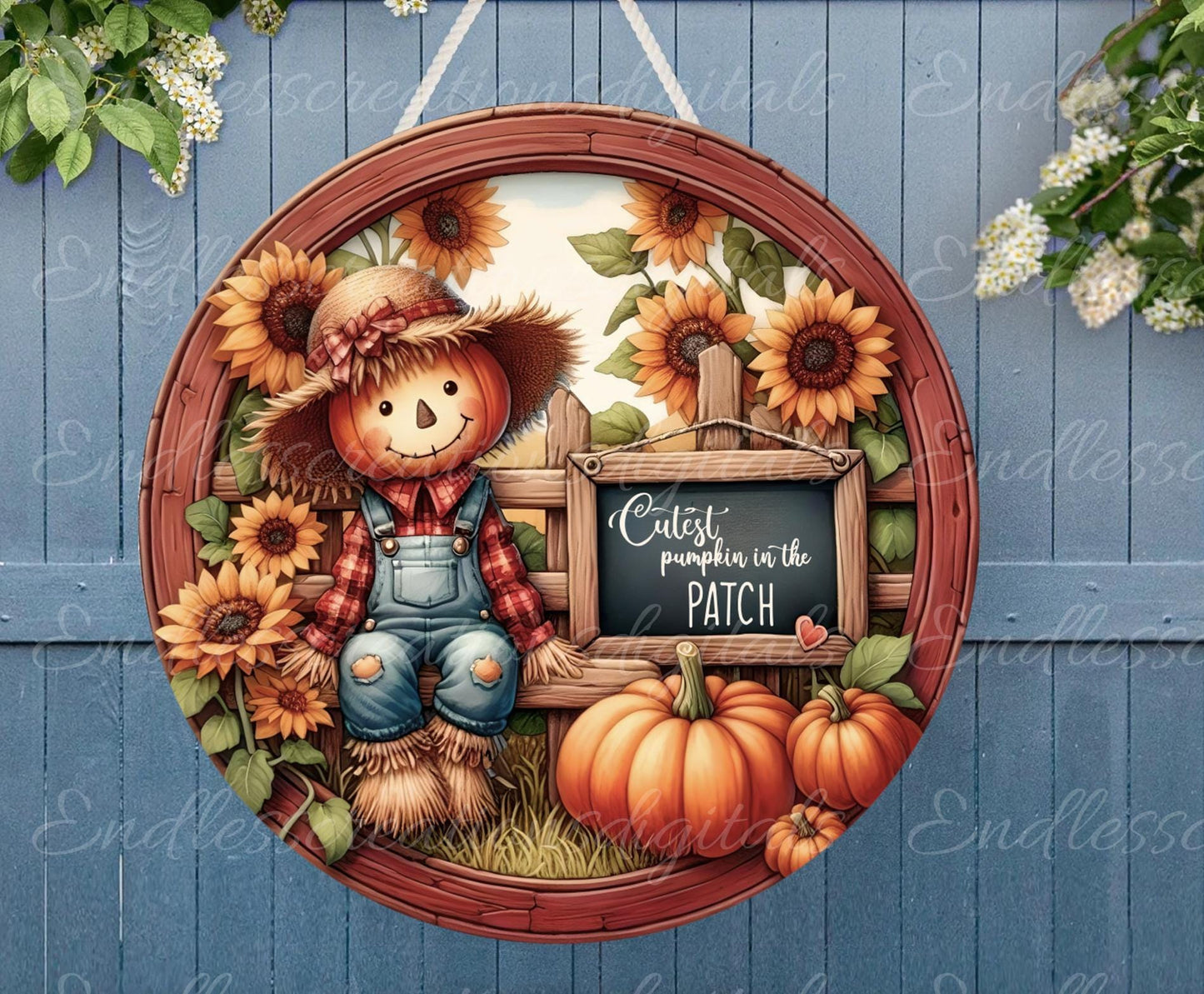CUTEST PUMPKIN SCARECROW Door hanger, wreath sign, round cutting board, for sublimation high resolution 2 files, 1 add your own text