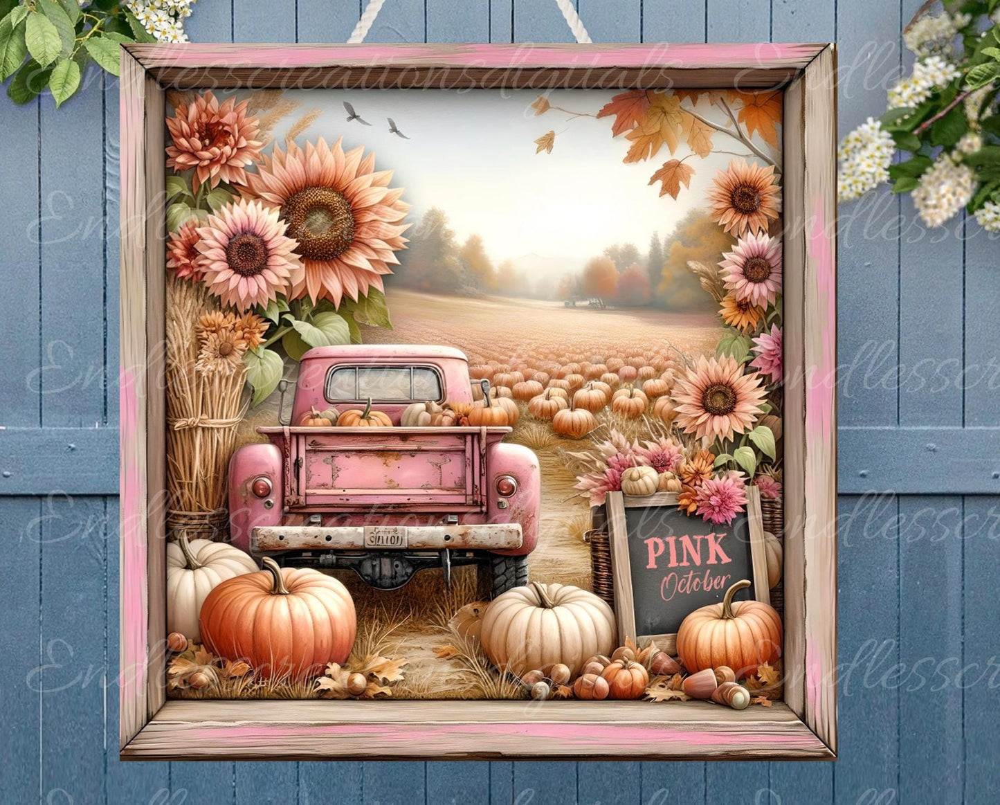 FALL PINK TRUCK Square Door hanger, wreath sign, square cutting board, for sublimation high resolution 2 files, 1 add your own text